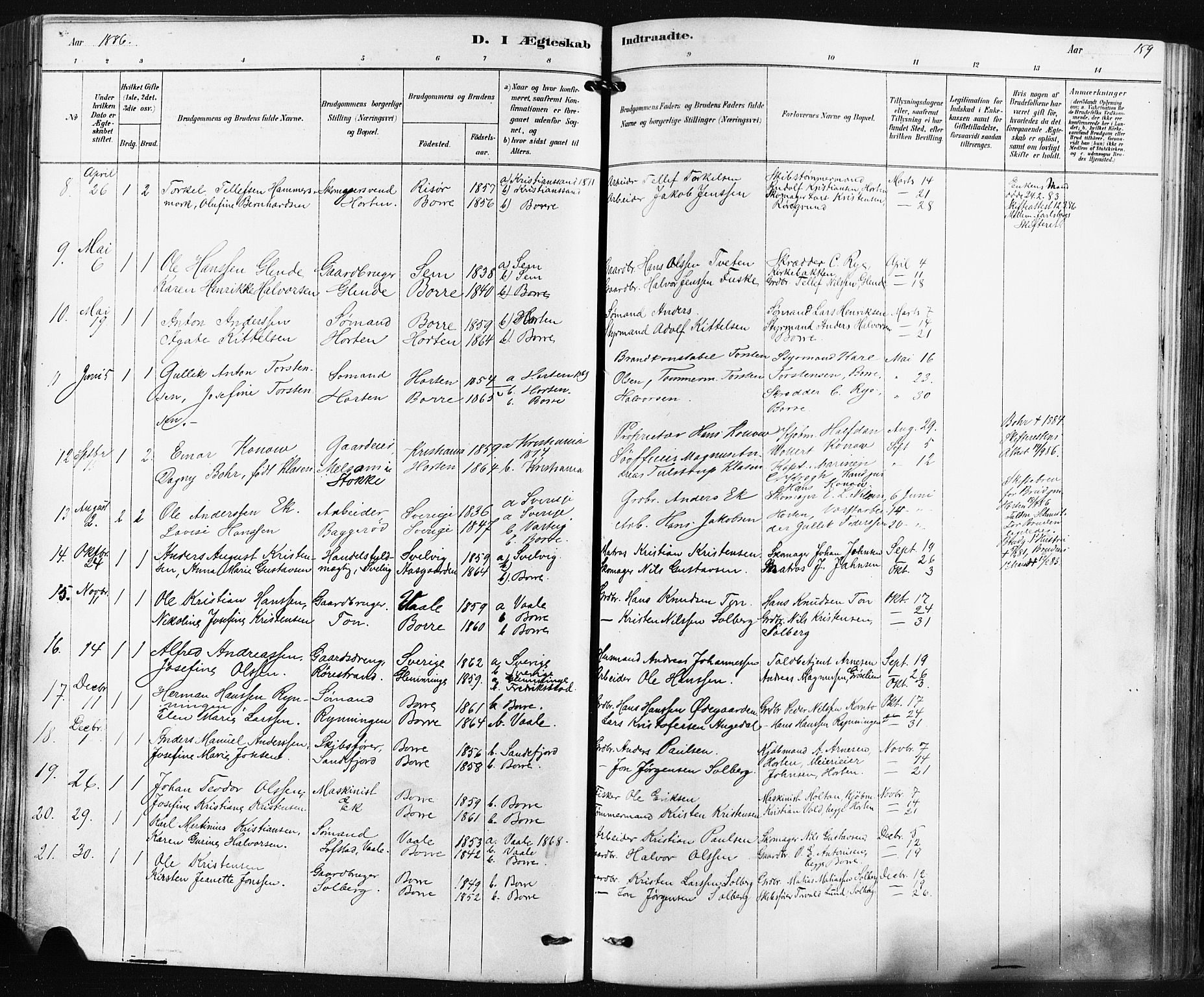 Borre kirkebøker, SAKO/A-338/F/Fa/L0009: Parish register (official) no. I 9, 1878-1896, p. 159