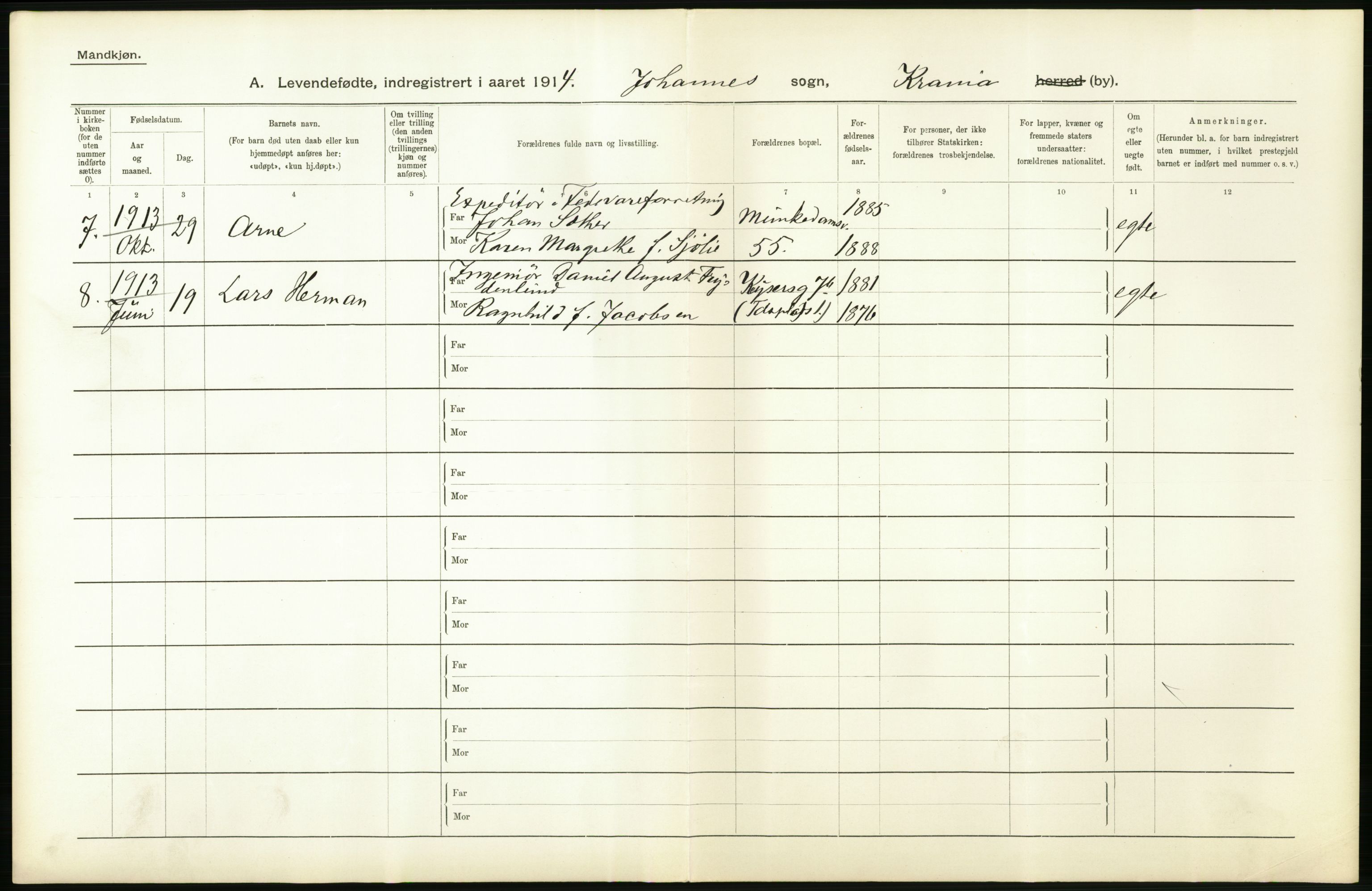 Statistisk sentralbyrå, Sosiodemografiske emner, Befolkning, AV/RA-S-2228/D/Df/Dfb/Dfbd/L0006: Kristiania: Levendefødte menn og kvinner., 1914, p. 20