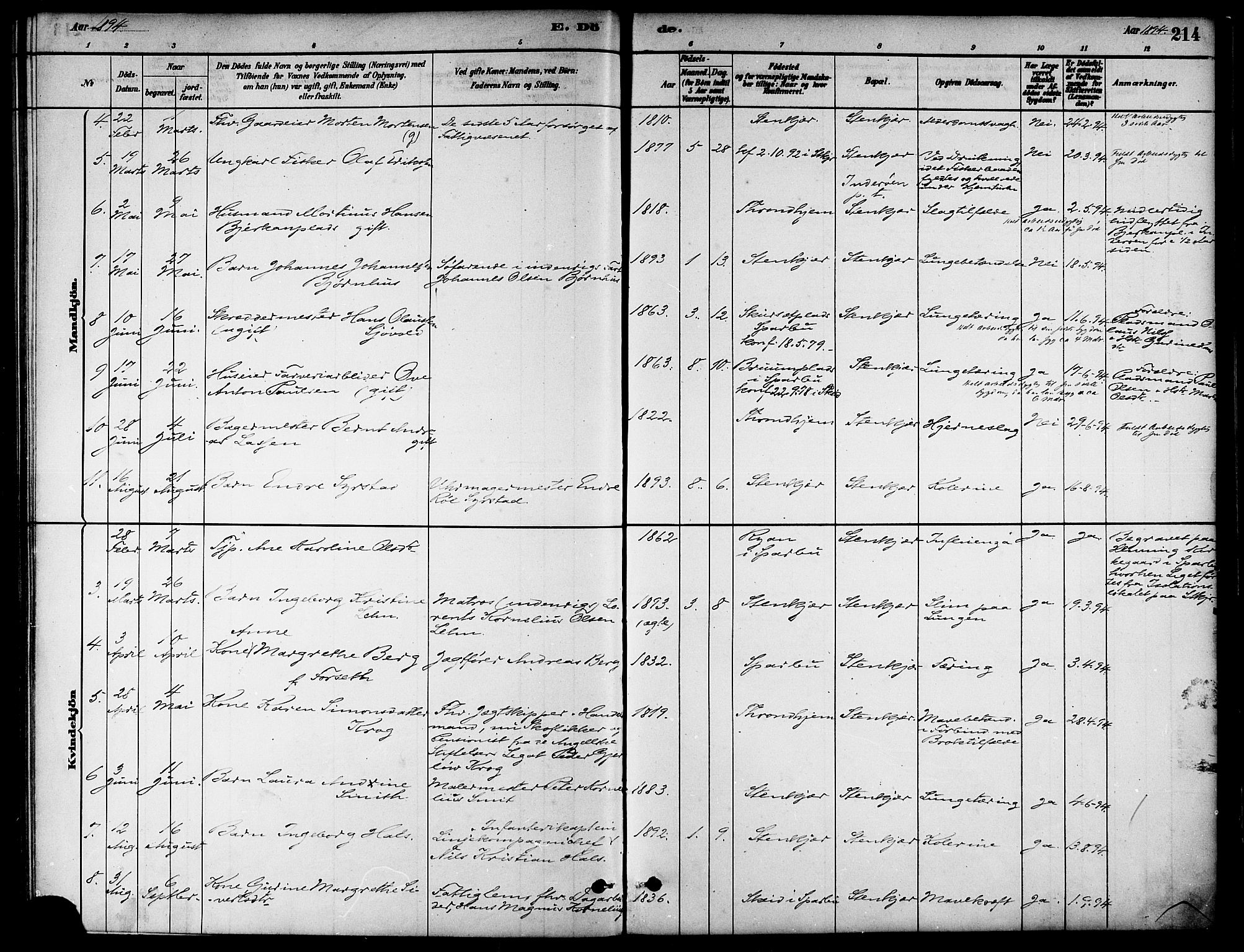 Ministerialprotokoller, klokkerbøker og fødselsregistre - Nord-Trøndelag, SAT/A-1458/739/L0371: Parish register (official) no. 739A03, 1881-1895, p. 214