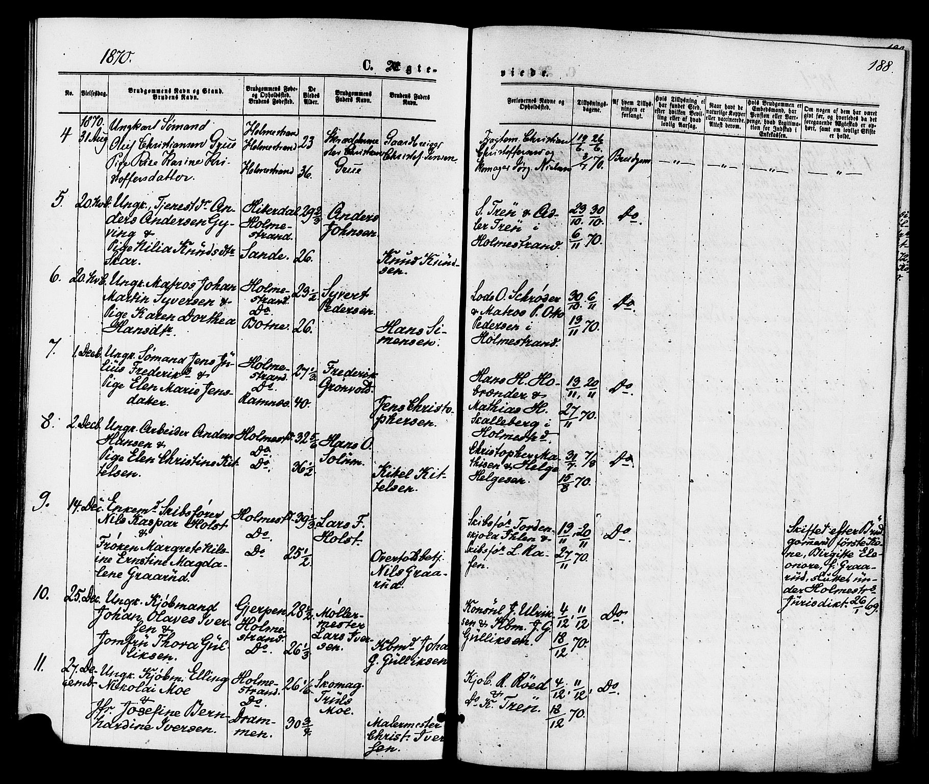 Holmestrand kirkebøker, AV/SAKO-A-346/F/Fa/L0003: Parish register (official) no. 3, 1867-1879, p. 188