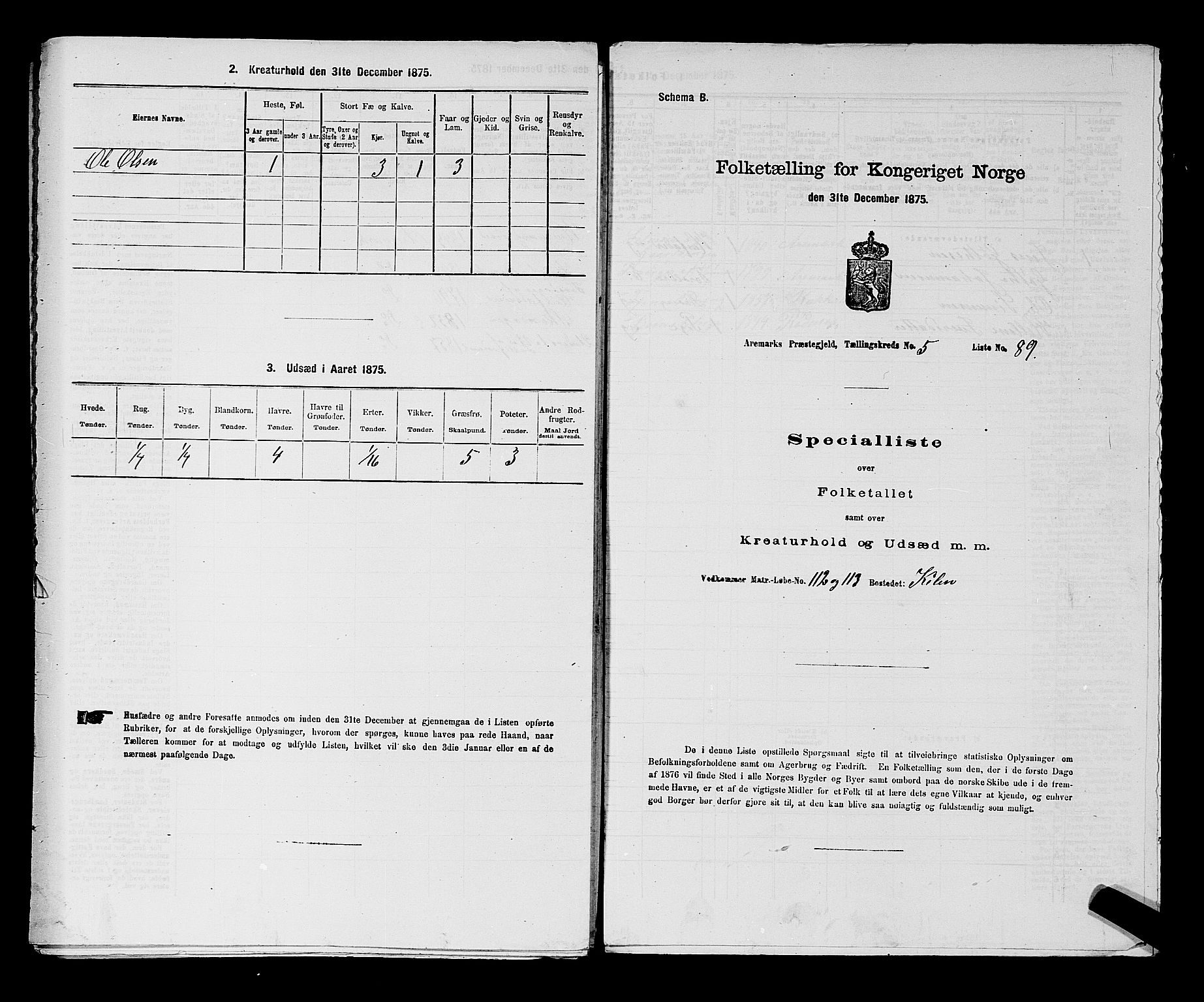 RA, 1875 census for 0118P Aremark, 1875, p. 823