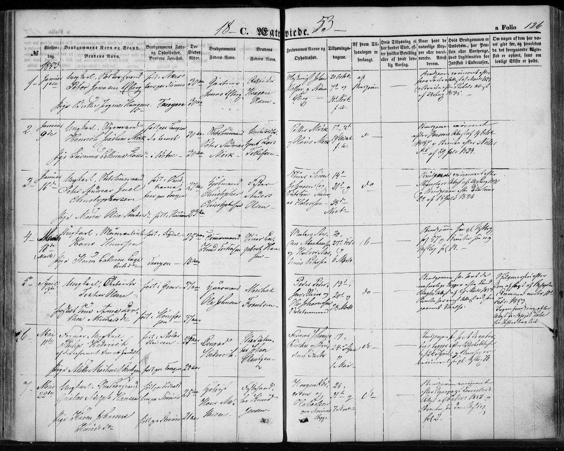 Strømsø kirkebøker, SAKO/A-246/F/Fa/L0017: Parish register (official) no. I 17, 1848-1865, p. 126