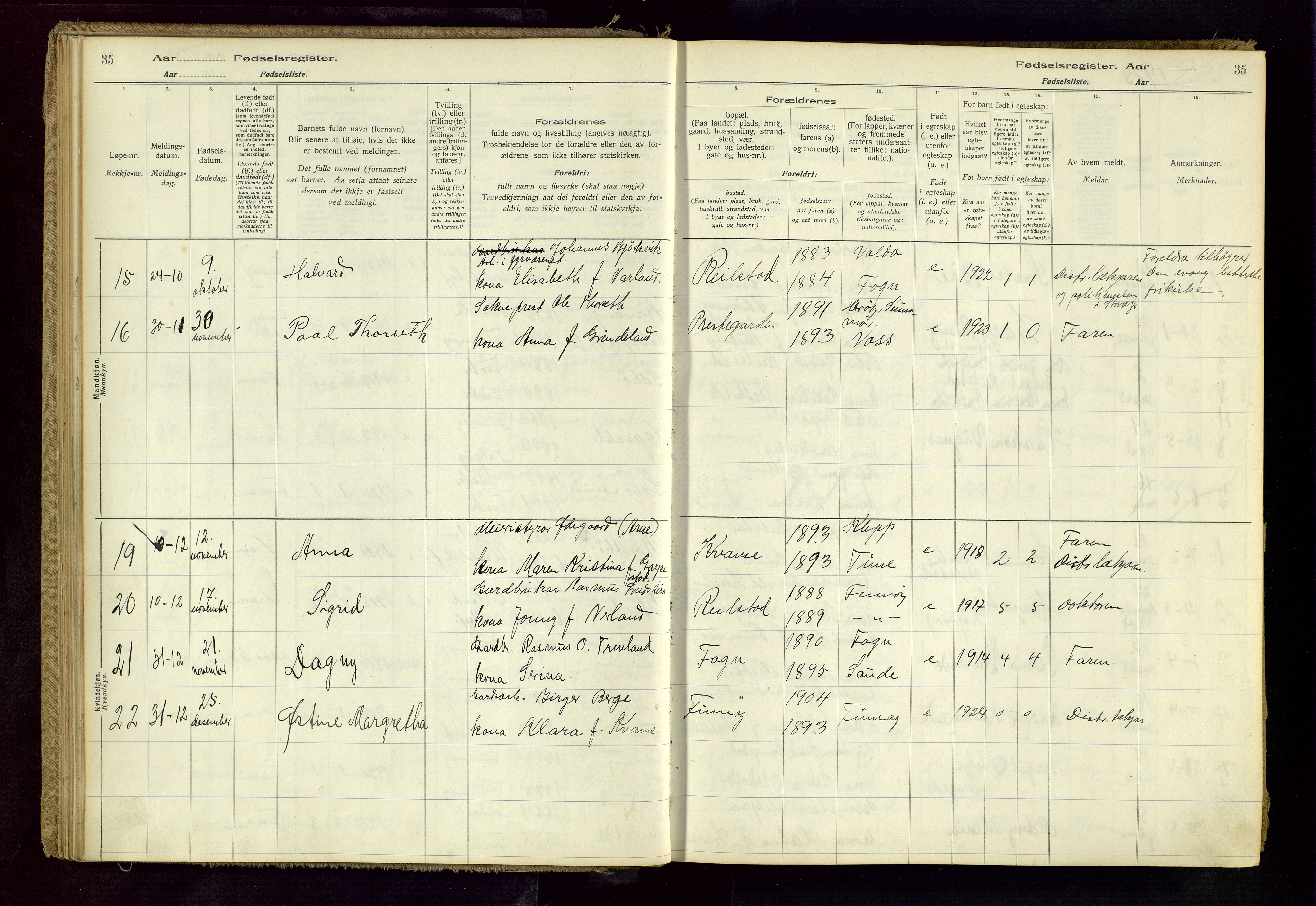 Finnøy sokneprestkontor, AV/SAST-A-101825/I/Id/L0001: Birth register no. 1, 1916-1977, p. 35