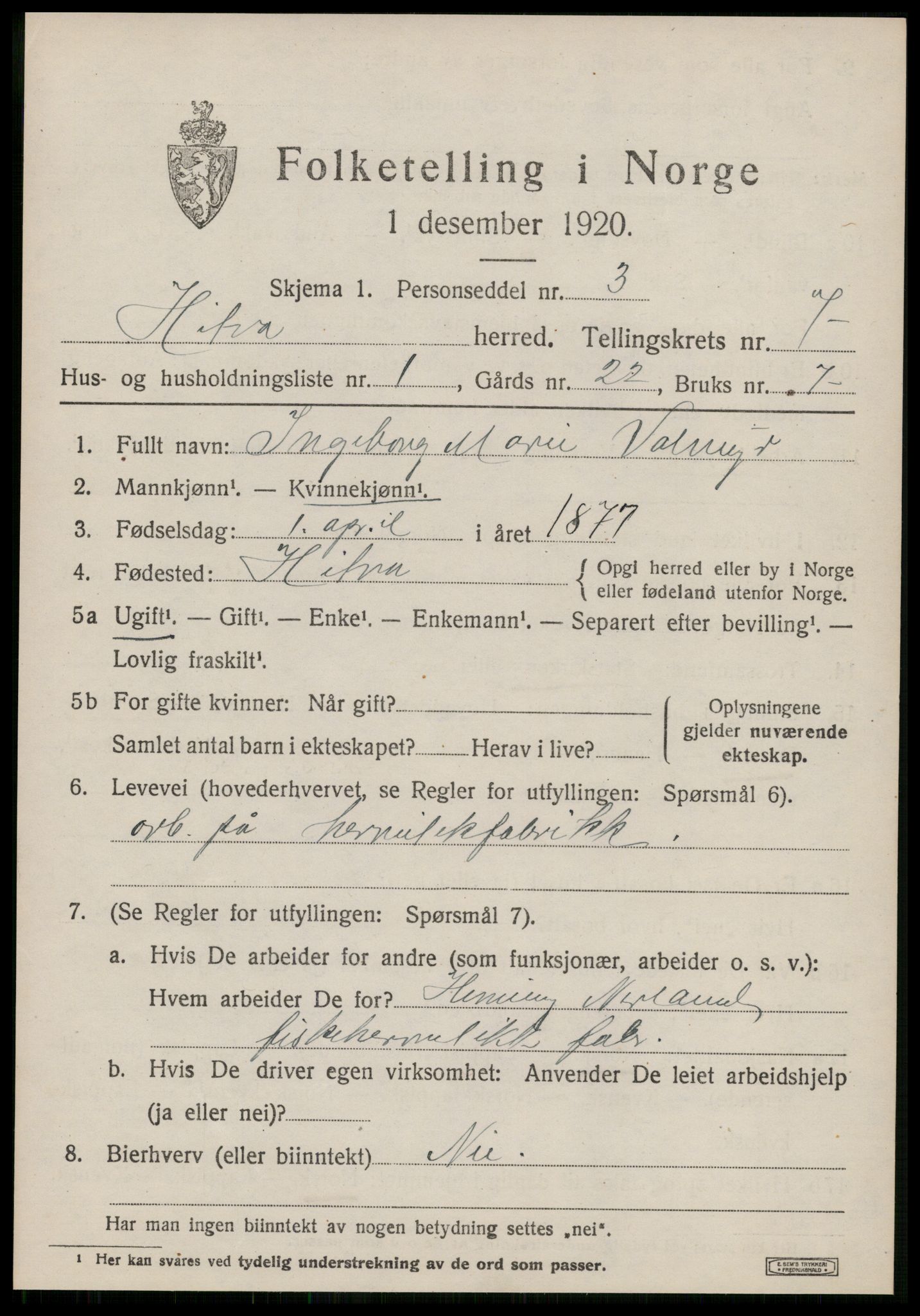 SAT, 1920 census for Hitra, 1920, p. 2099