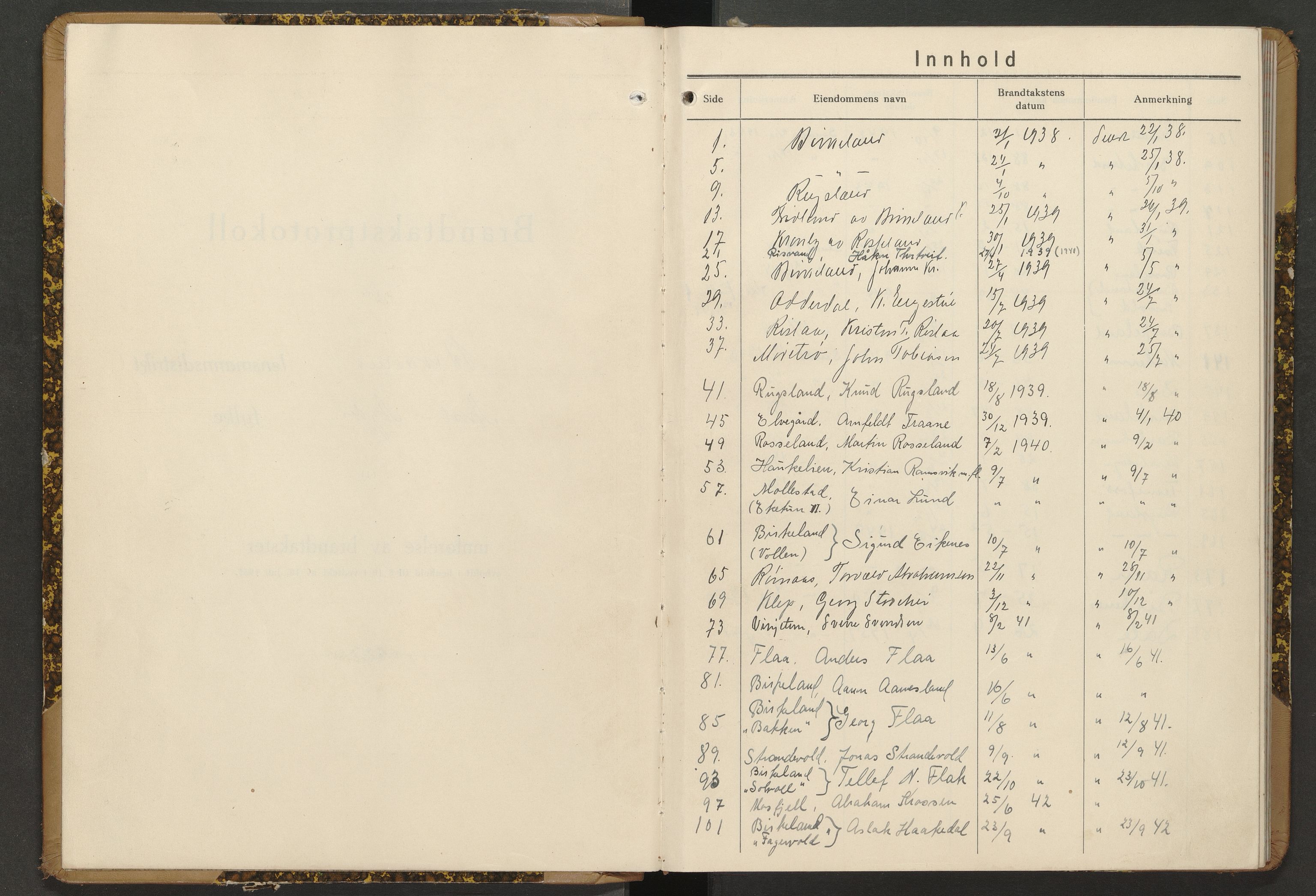 Norges Brannkasse Birkenes, AV/SAK-2241-0005/F/Fa/L0013: Branntakstprotokoll nr. 13 med gårdsnavnregister, 1938-1951