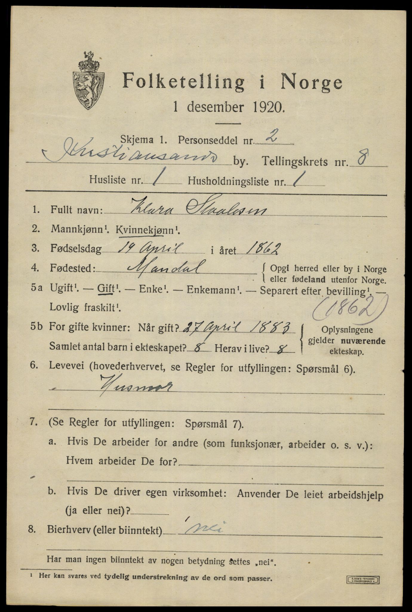 SAK, 1920 census for Kristiansand, 1920, p. 20935