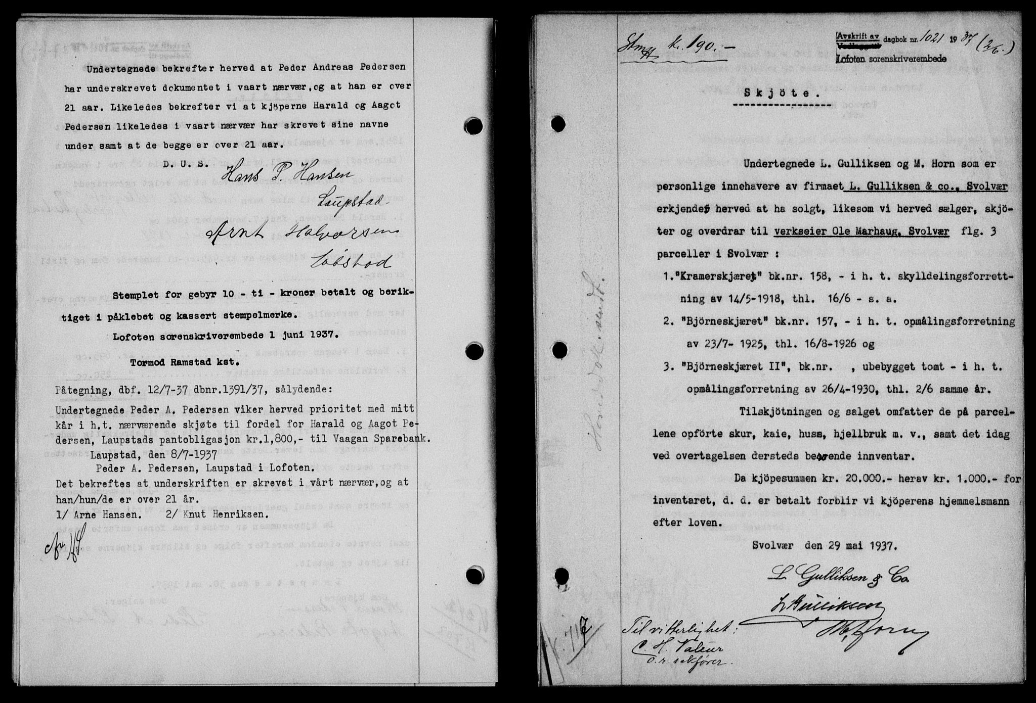 Lofoten sorenskriveri, SAT/A-0017/1/2/2C/L0002a: Mortgage book no. 2a, 1937-1937, Diary no: : 1021/1937