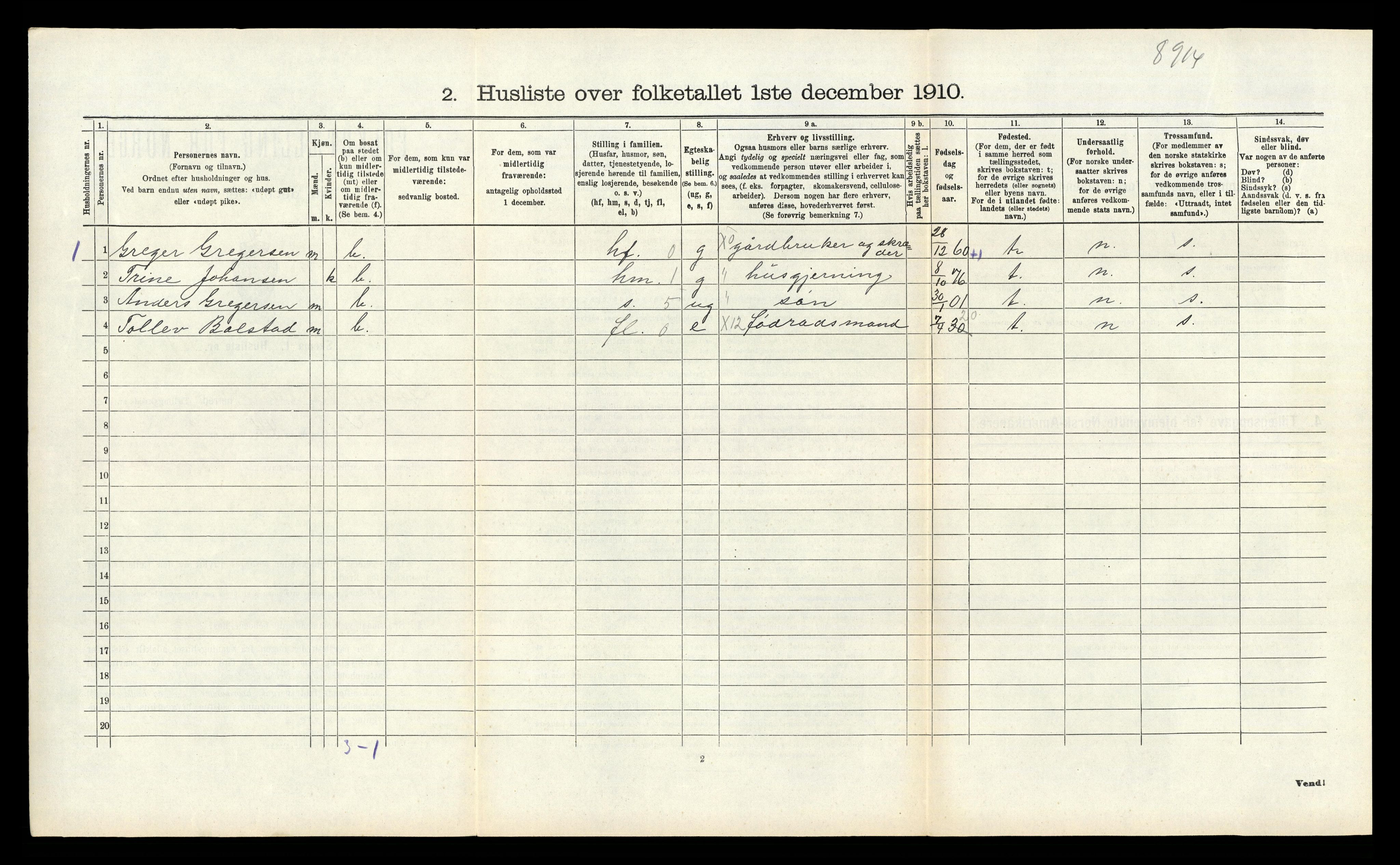 RA, 1910 census for Sande, 1910, p. 406