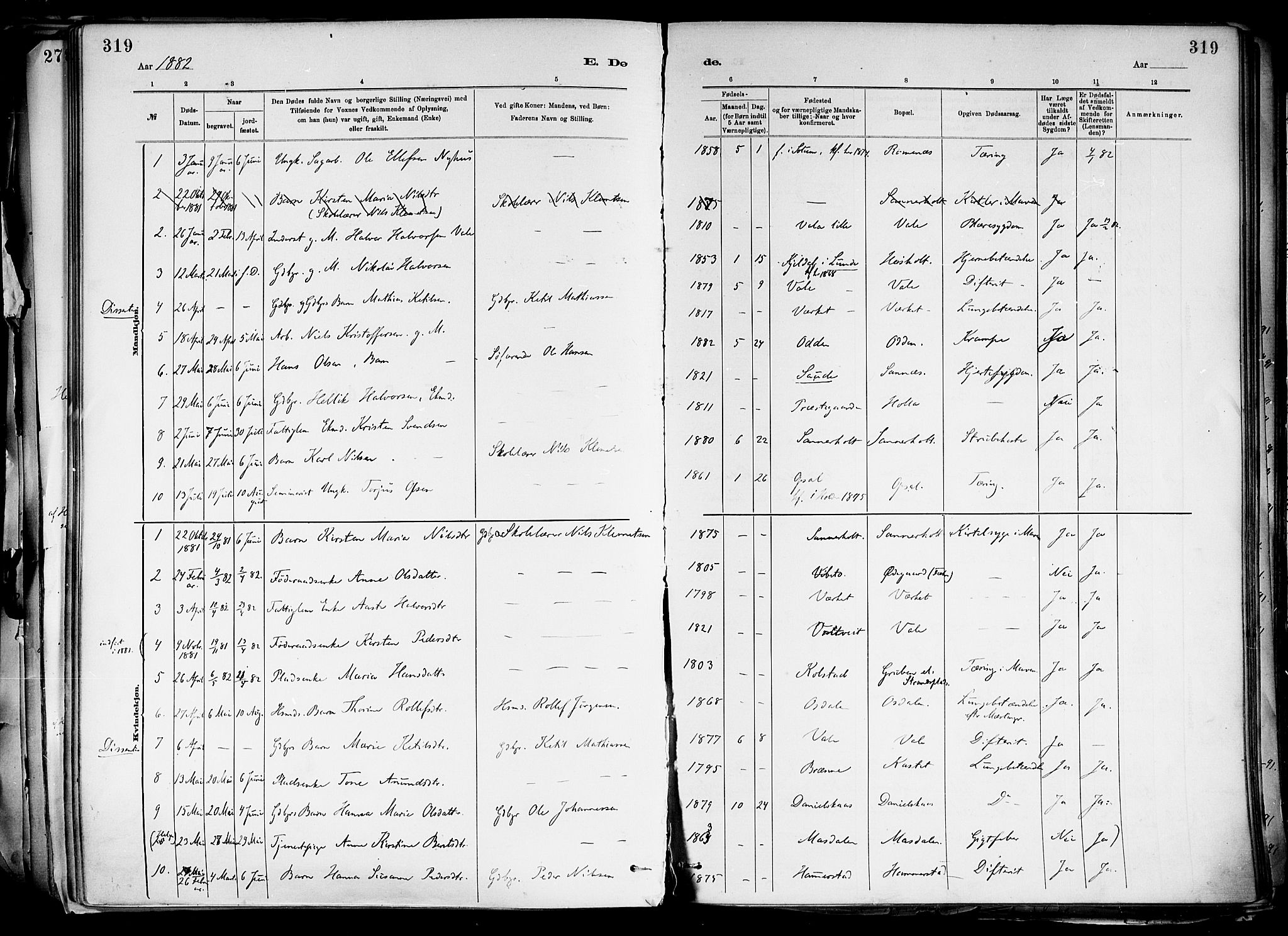 Holla kirkebøker, AV/SAKO-A-272/F/Fa/L0008: Parish register (official) no. 8, 1882-1897, p. 319