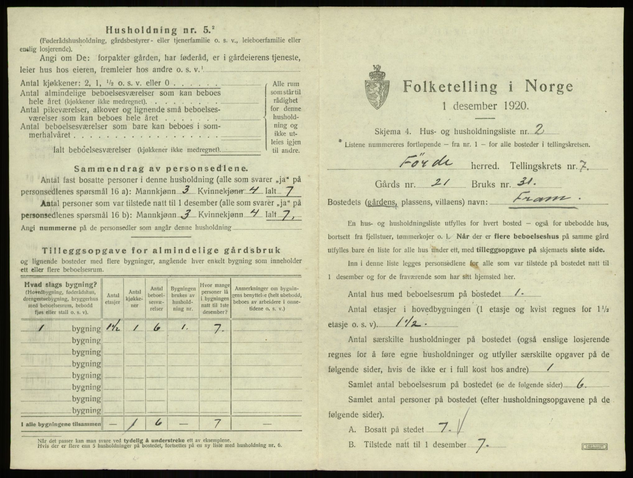 SAB, 1920 census for Førde, 1920, p. 296