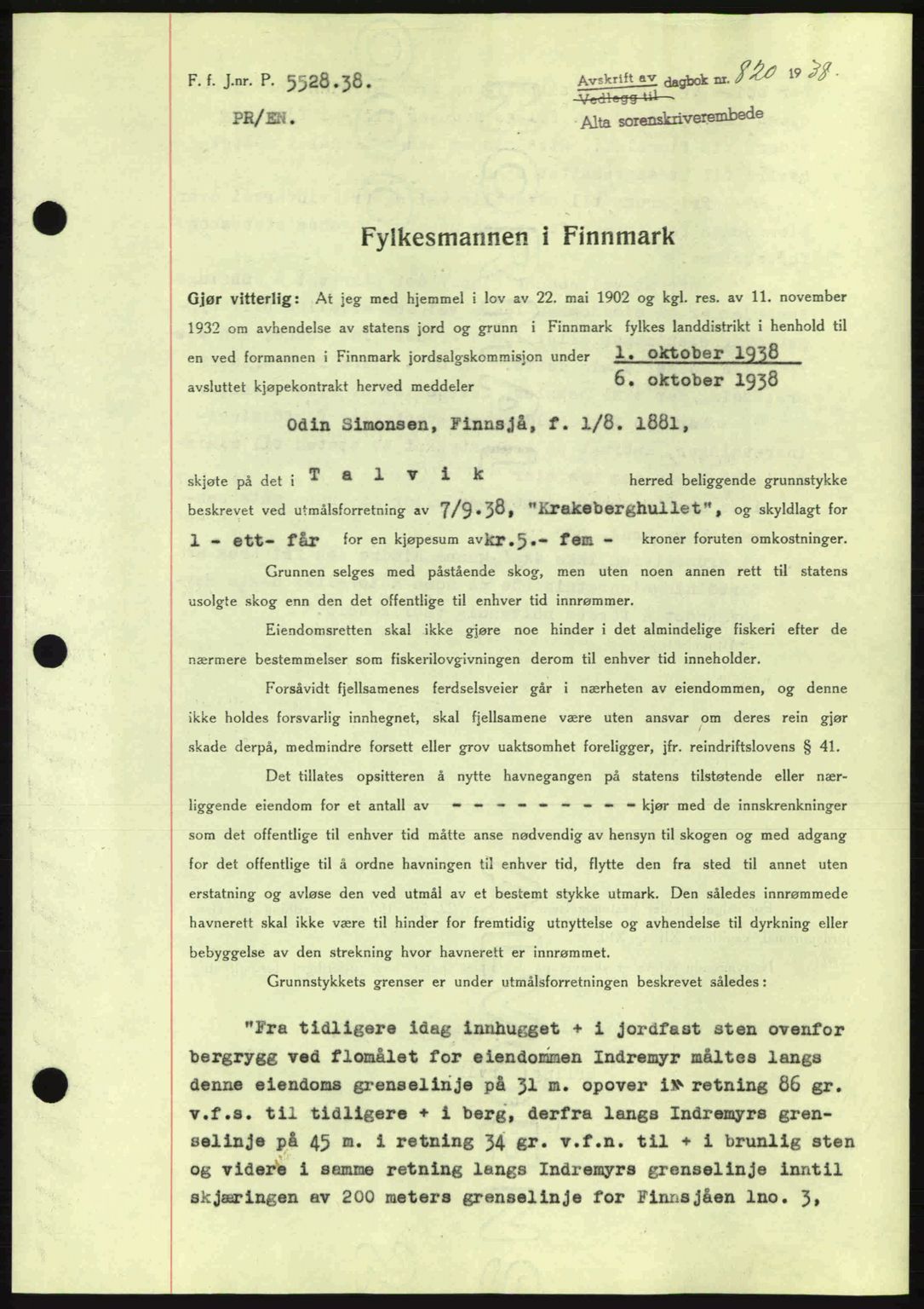 Alta fogderi/sorenskriveri, SATØ/SATØ-5/1/K/Kd/L0031pantebok: Mortgage book no. 31, 1938-1939, Diary no: : 820/1938