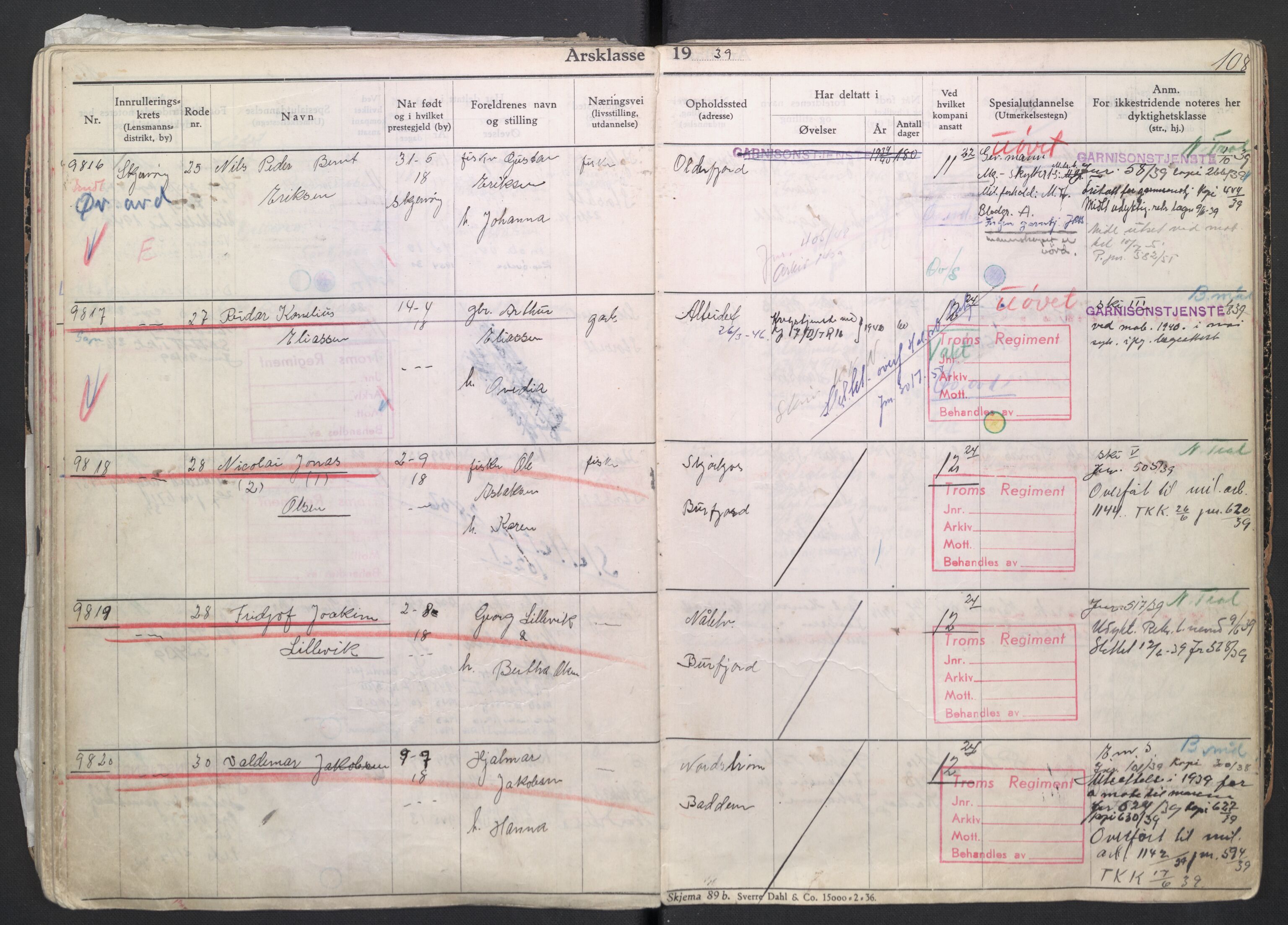 Forsvaret, Troms infanteriregiment nr. 16, AV/RA-RAFA-3146/P/Pa/L0007/0004: Ruller / Rulle for regimentets menige mannskaper, årsklasse 1939, 1939, p. 108