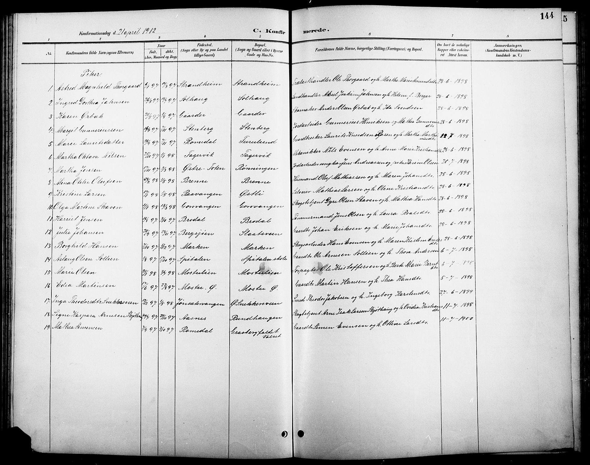 Stange prestekontor, AV/SAH-PREST-002/L/L0011: Parish register (copy) no. 11, 1895-1917, p. 144