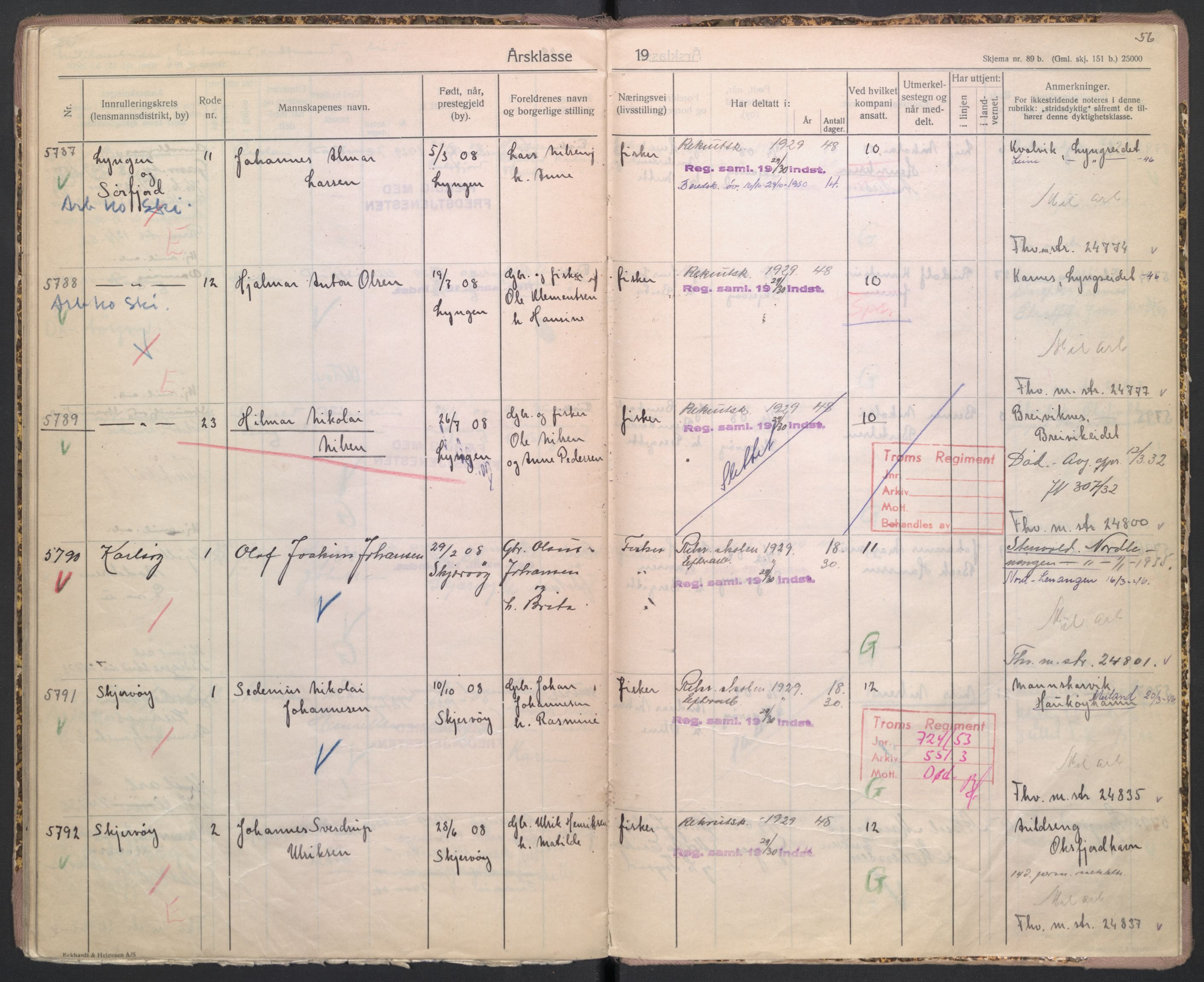 Forsvaret, Troms infanteriregiment nr. 16, AV/RA-RAFA-3146/P/Pa/L0005/0002: Ruller / Rulle for Lyngen bataljons menige mannskaper, årsklasse 1929, 1929, p. 56