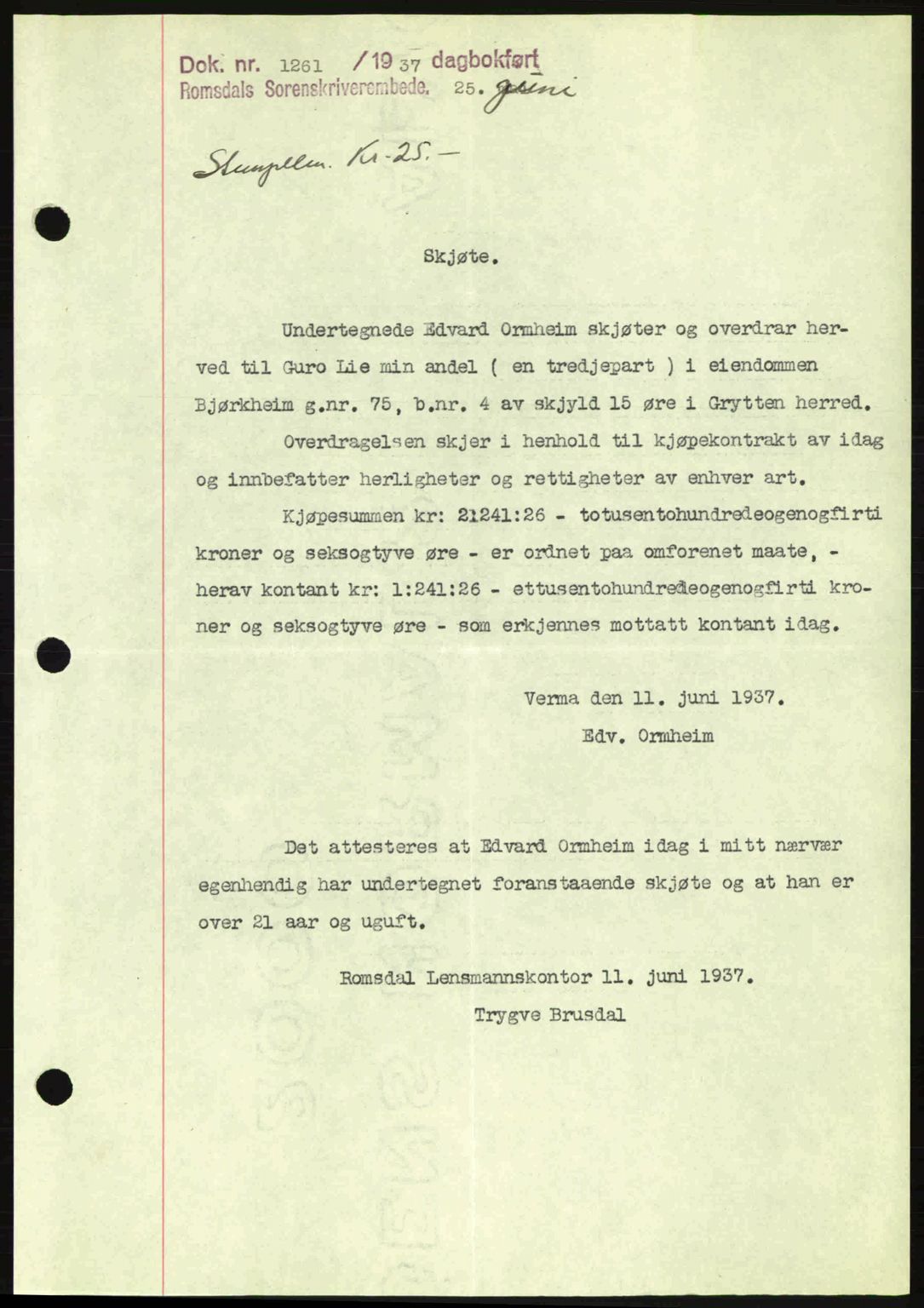 Romsdal sorenskriveri, SAT/A-4149/1/2/2C: Mortgage book no. A3, 1937-1937, Diary no: : 1261/1937
