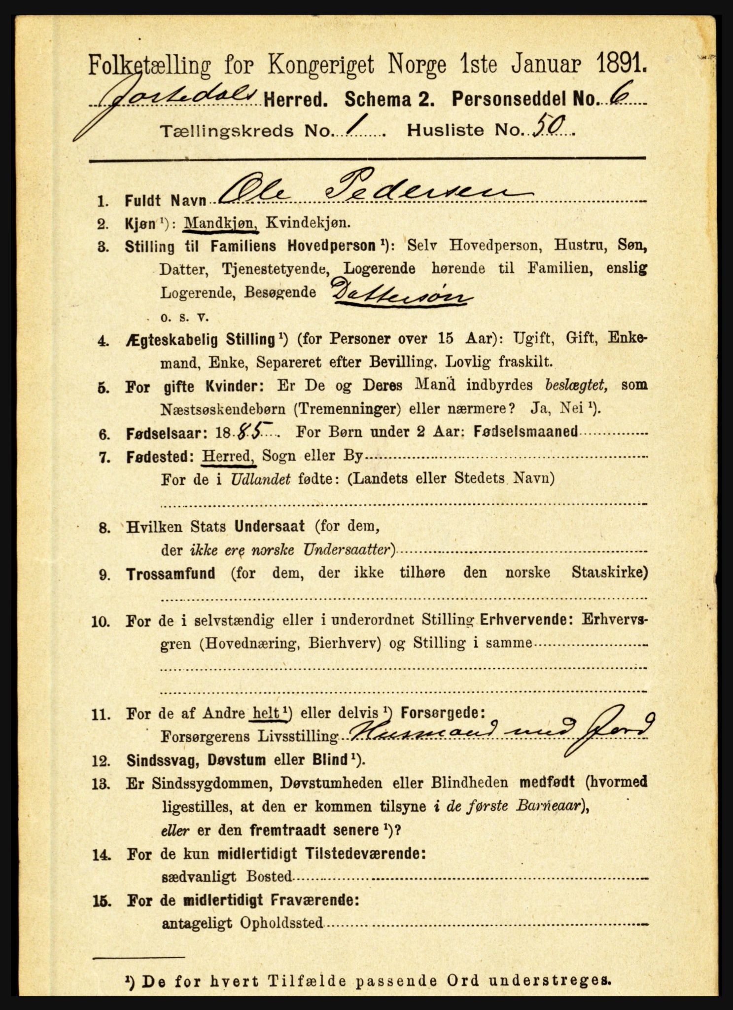 RA, 1891 census for 1427 Jostedal, 1891, p. 449