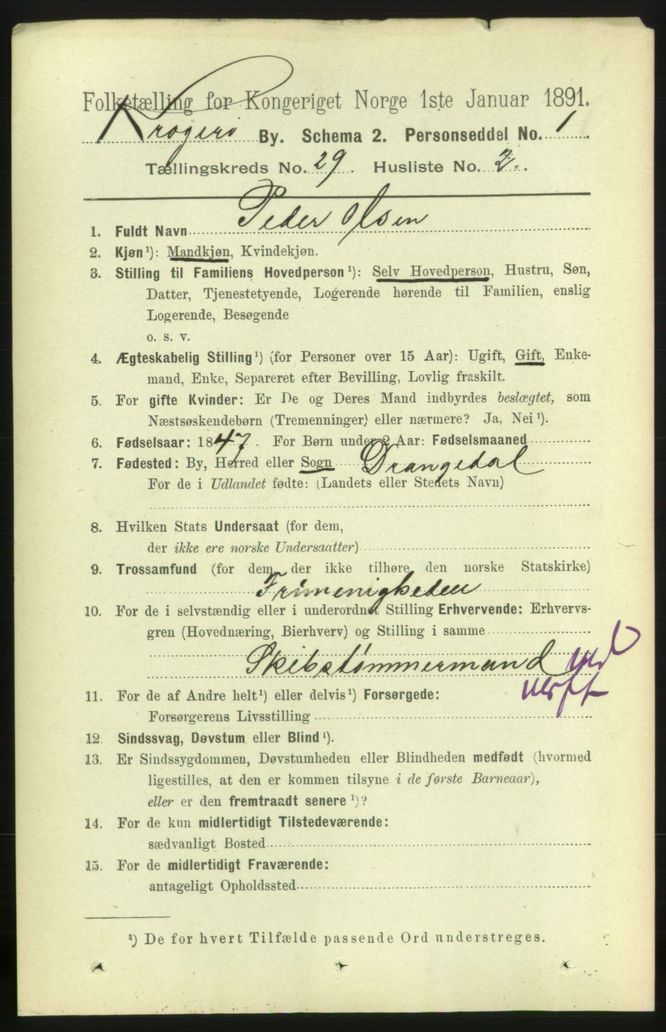 RA, 1891 census for 0801 Kragerø, 1891, p. 5486