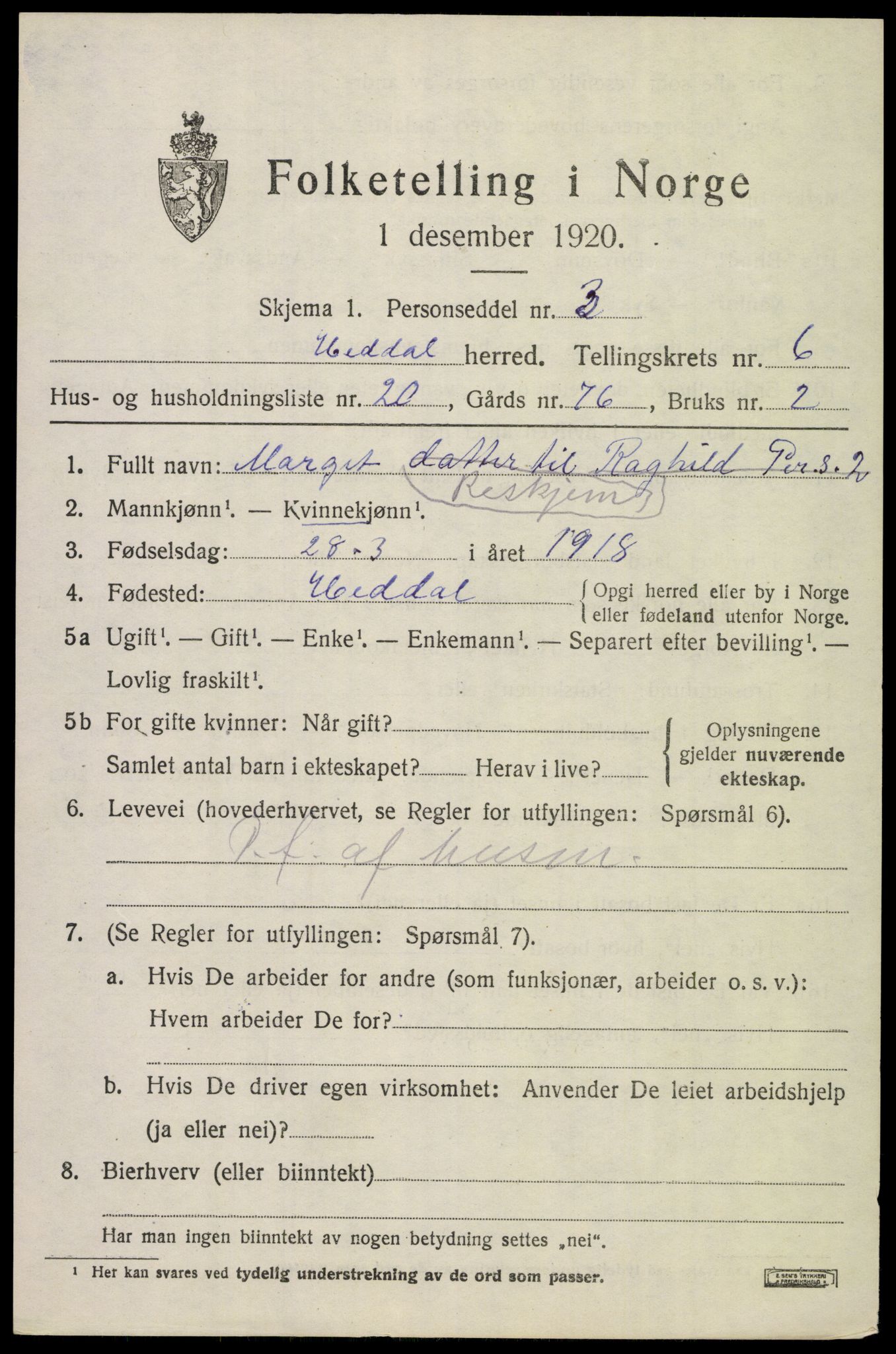 SAKO, 1920 census for Heddal, 1920, p. 5412