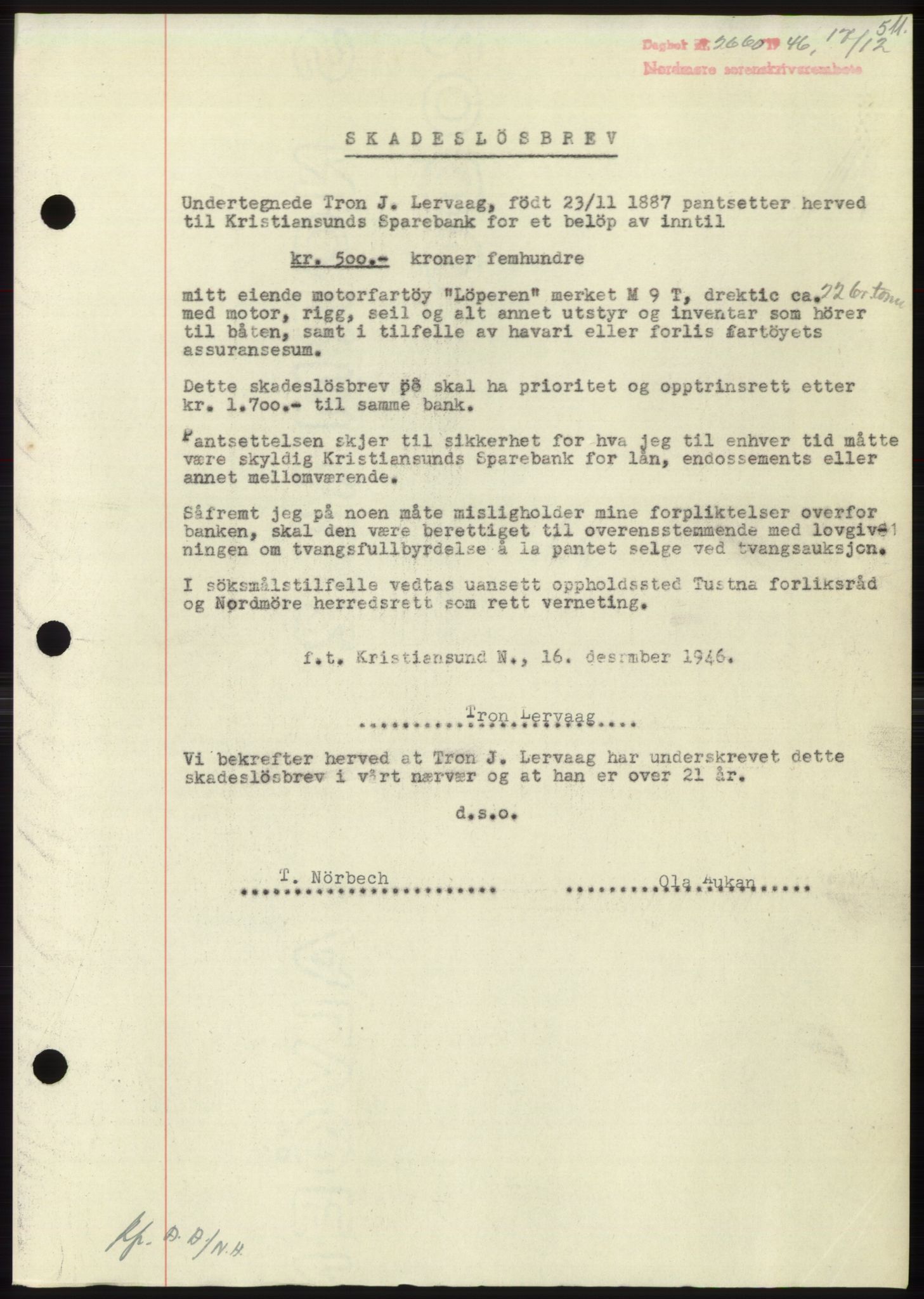 Nordmøre sorenskriveri, AV/SAT-A-4132/1/2/2Ca: Mortgage book no. B95, 1946-1947, Diary no: : 2660/1946