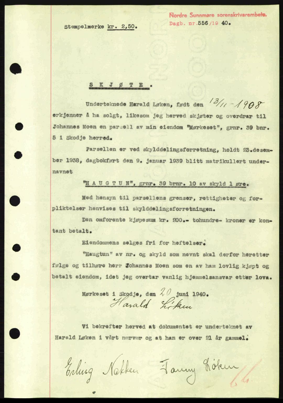 Nordre Sunnmøre sorenskriveri, AV/SAT-A-0006/1/2/2C/2Ca: Mortgage book no. A8, 1939-1940, Diary no: : 556/1940