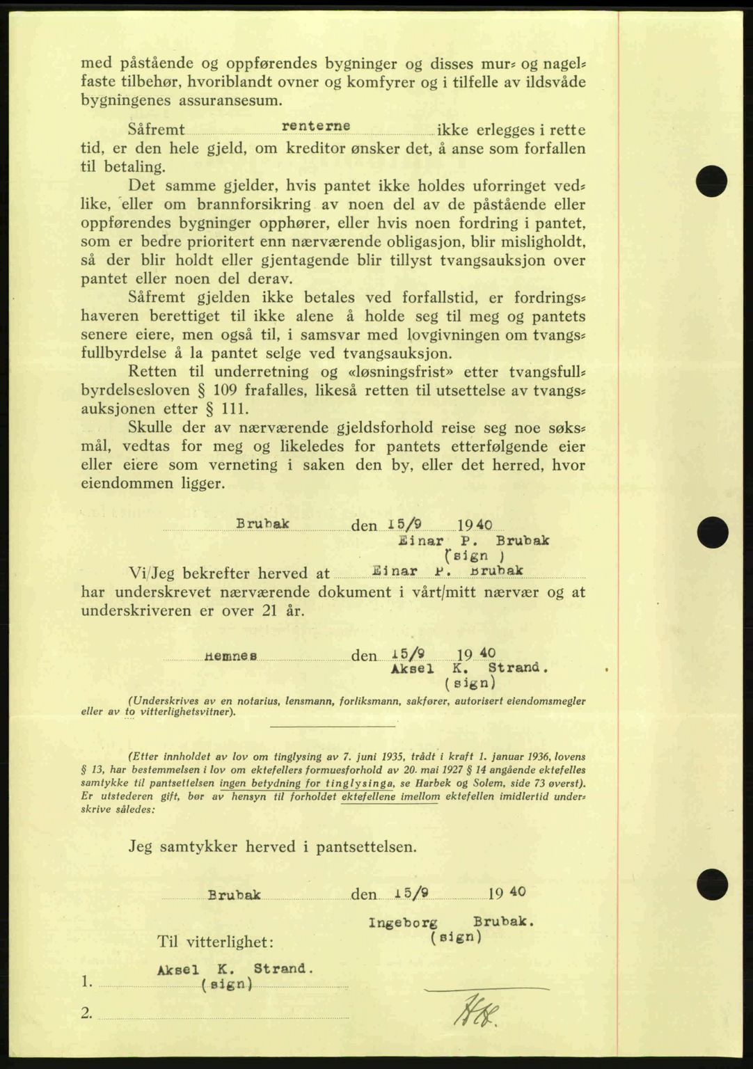 Nes tingrett, SAO/A-10548/G/Gb/Gbb/L0010: Mortgage book no. 54, 1939-1940, Diary no: : 1227/1940