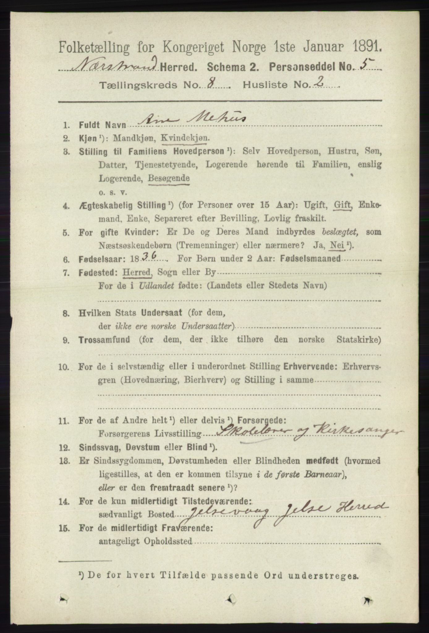 RA, 1891 census for 1139 Nedstrand, 1891, p. 1447