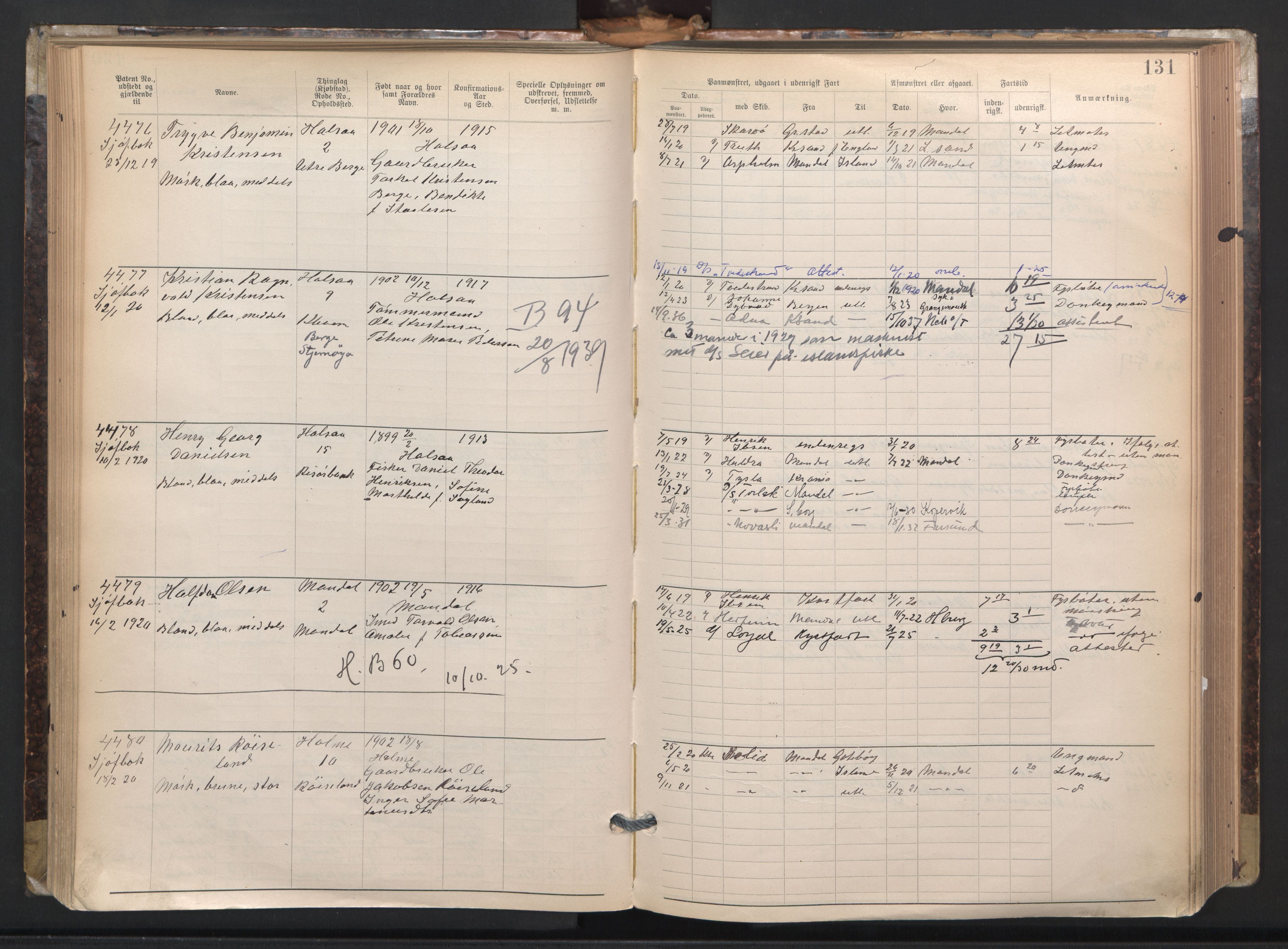 Mandal mønstringskrets, AV/SAK-2031-0016/F/Fa/L0003: Annotasjonsrulle nr 3831-4730 med register, L-5, 1900-1948, p. 155