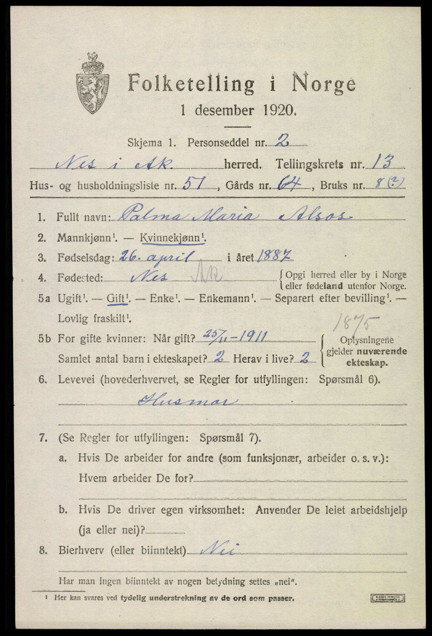 SAO, 1920 census for Nes, 1920, p. 13942