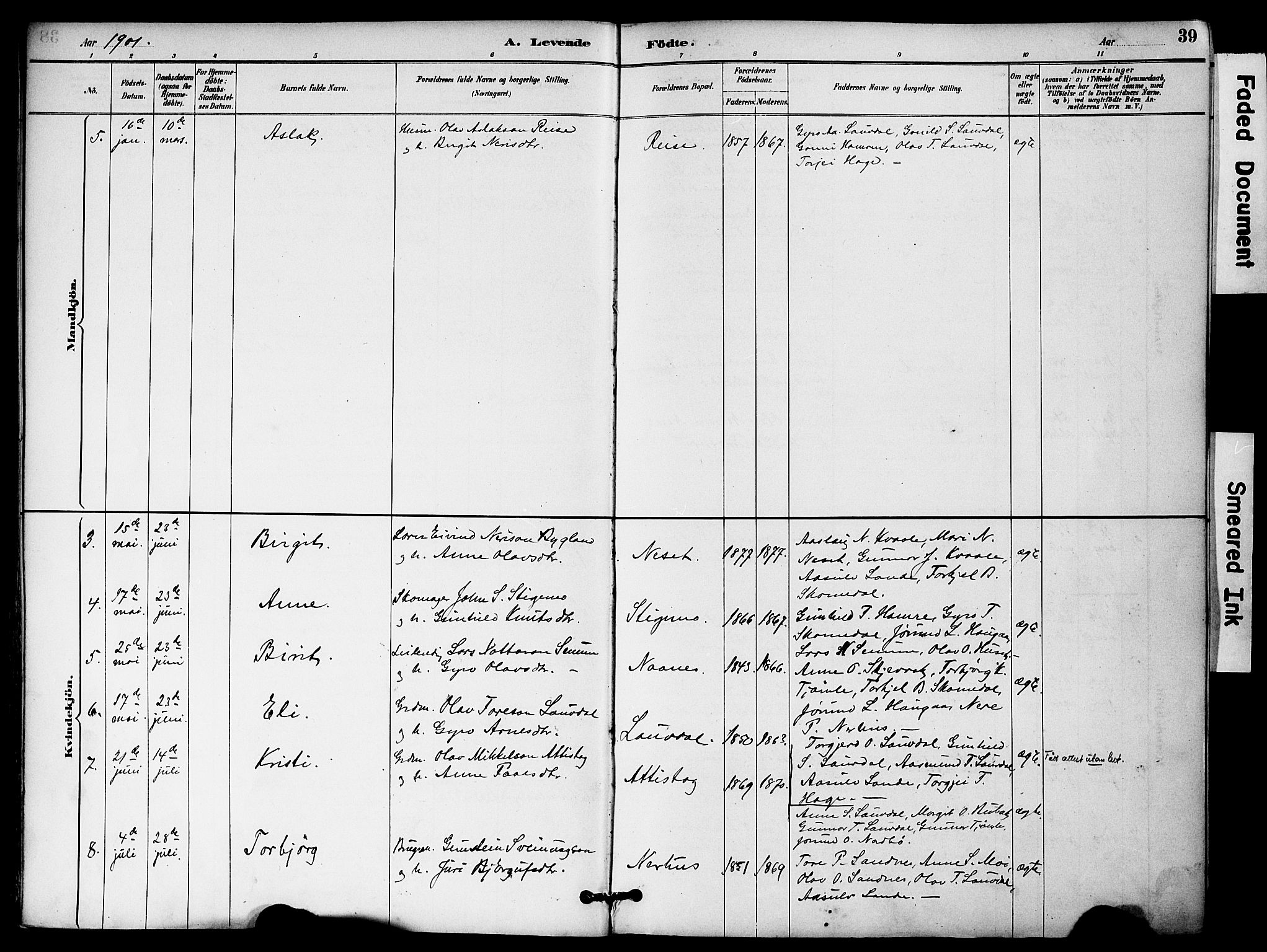 Bygland sokneprestkontor, SAK/1111-0006/F/Fa/Fab/L0007: Parish register (official) no. A 7, 1885-1909, p. 39