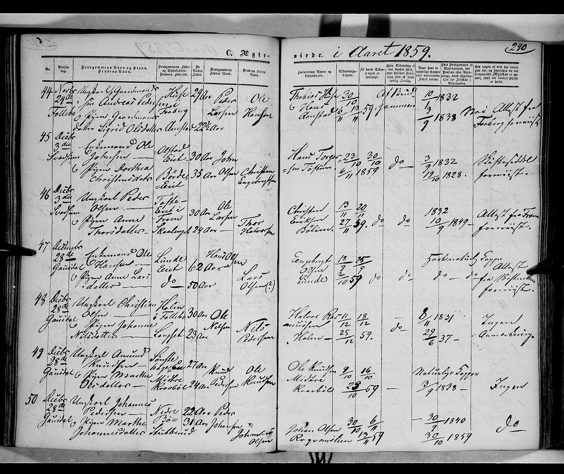 Gausdal prestekontor, SAH/PREST-090/H/Ha/Haa/L0008: Parish register (official) no. 8, 1850-1861, p. 290