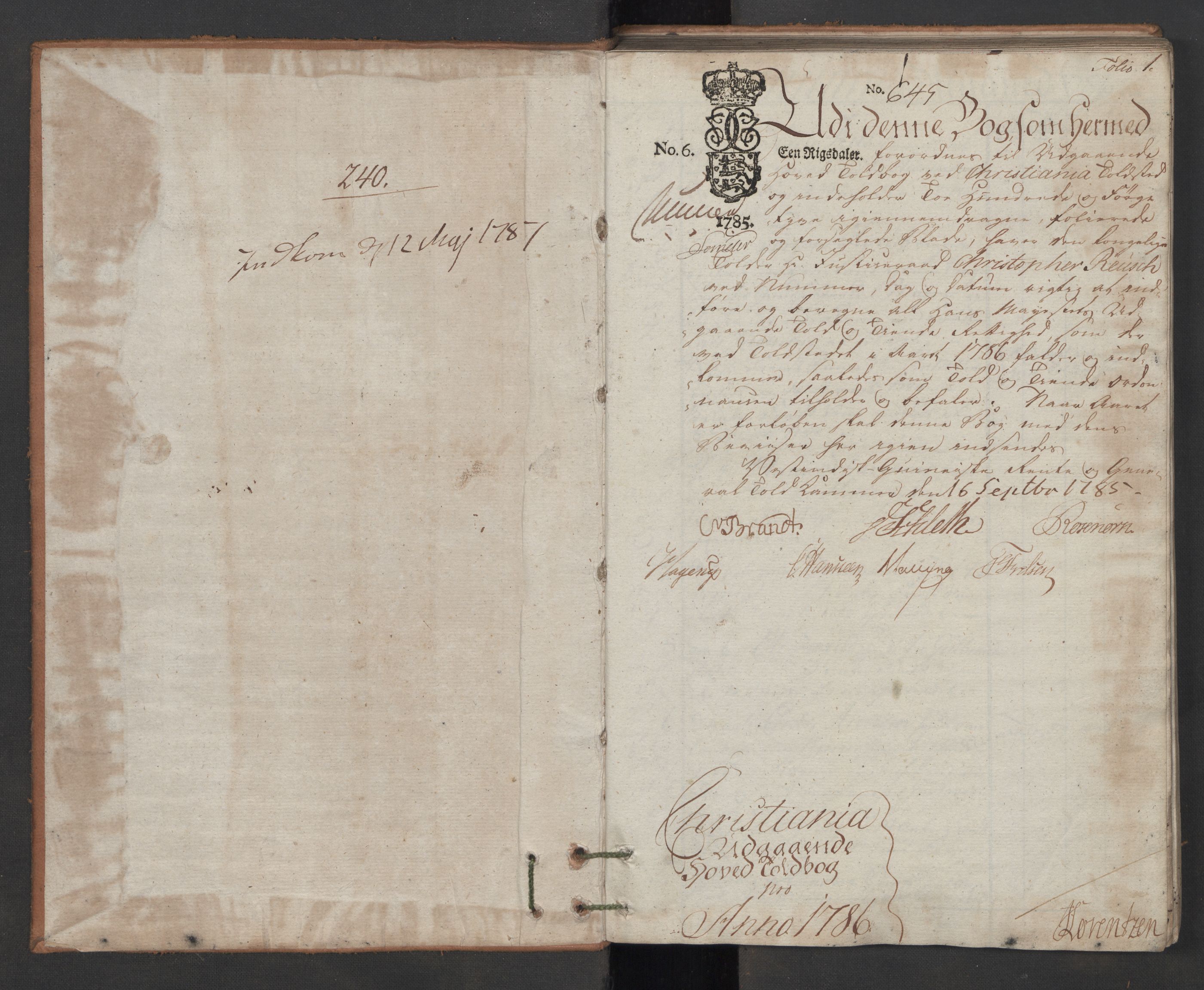 Generaltollkammeret, tollregnskaper, AV/RA-EA-5490/R06/L0166/0001: Tollregnskaper Kristiania / Utgående hovedtollbok, 1786, p. 1a