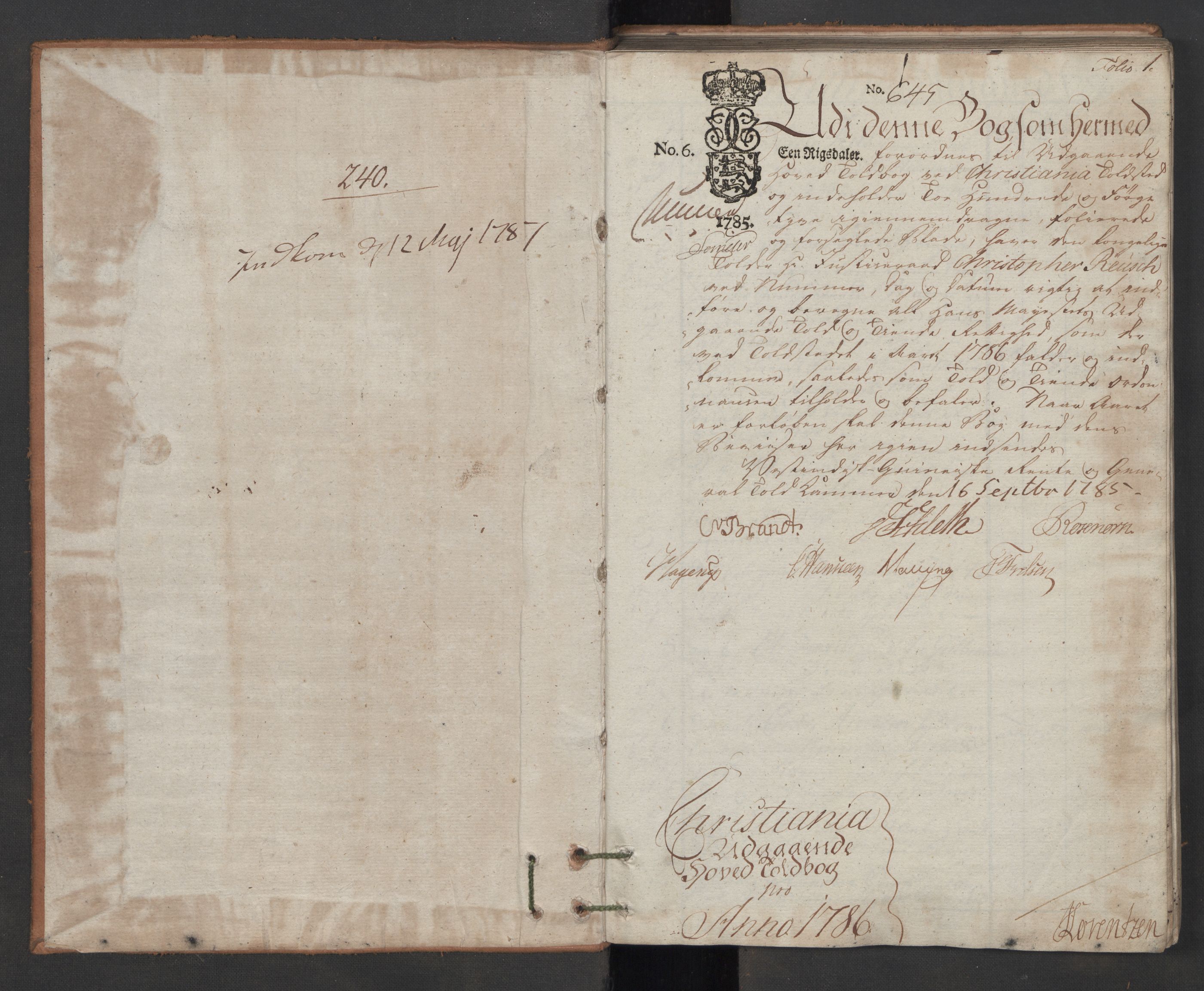 Generaltollkammeret, tollregnskaper, AV/RA-EA-5490/R06/L0166/0001: Tollregnskaper Kristiania / Utgående hovedtollbok, 1786, p. 1a