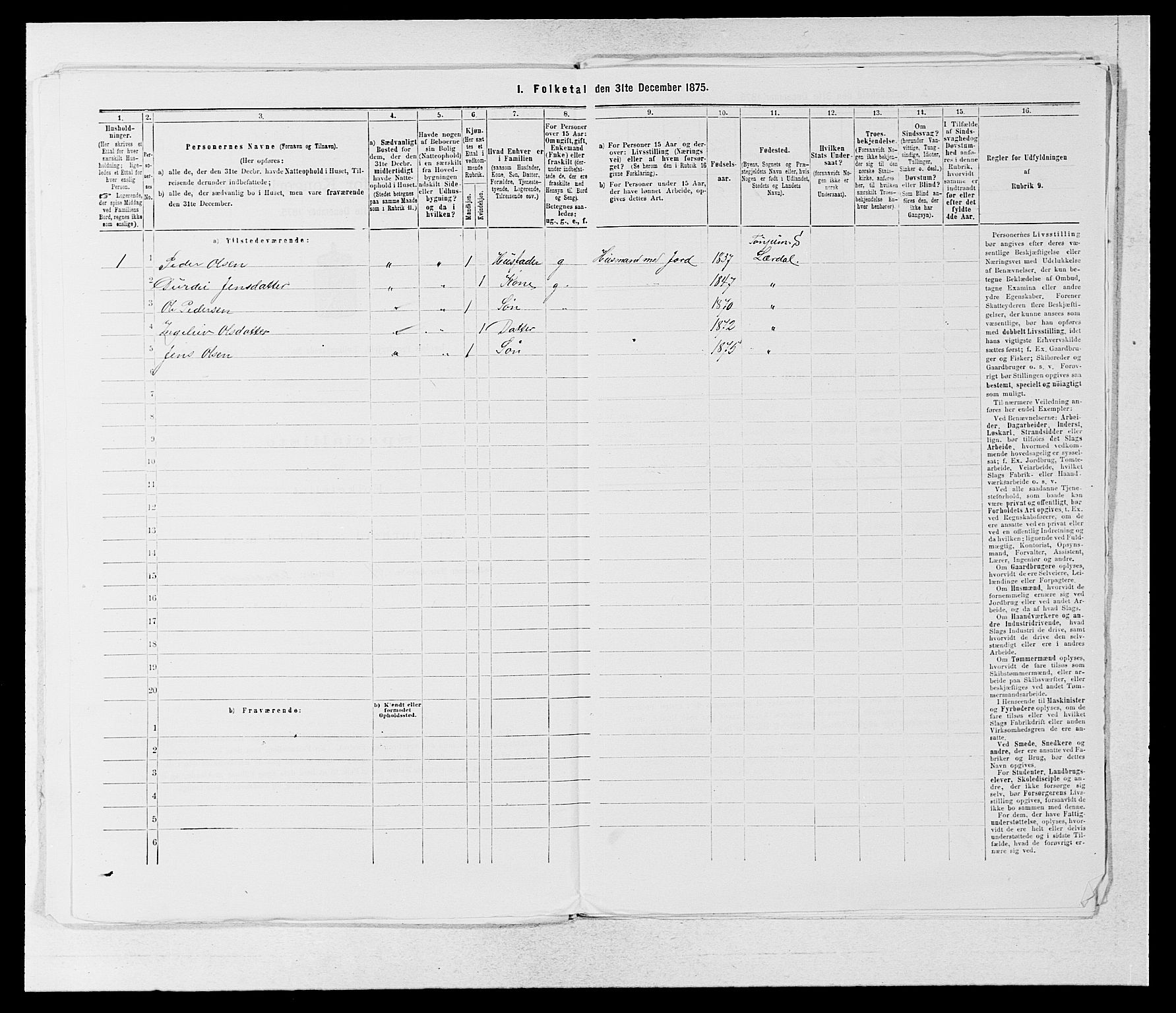 SAB, 1875 census for 1422P Lærdal, 1875, p. 634