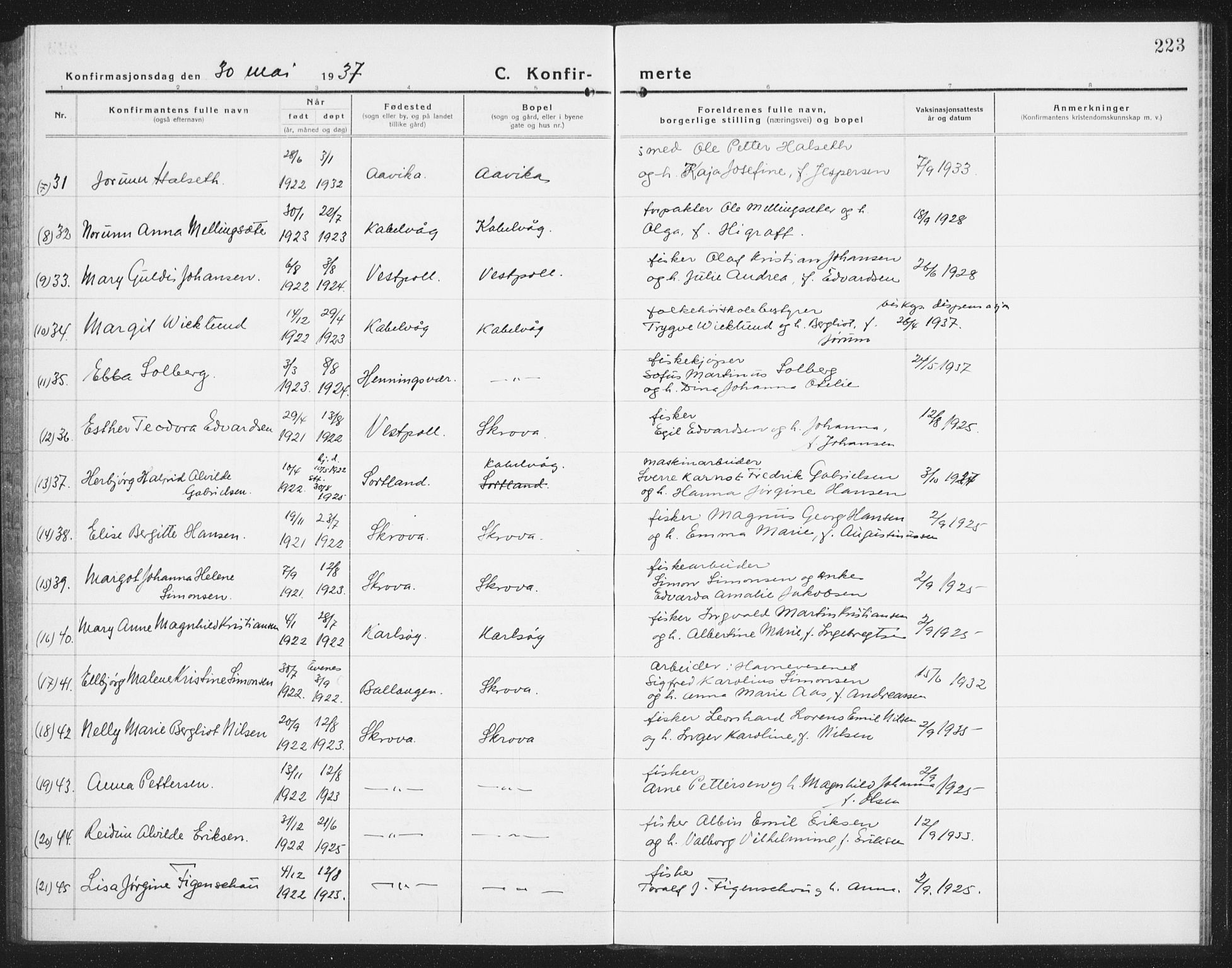 Ministerialprotokoller, klokkerbøker og fødselsregistre - Nordland, AV/SAT-A-1459/874/L1081: Parish register (copy) no. 874C10, 1925-1941, p. 223