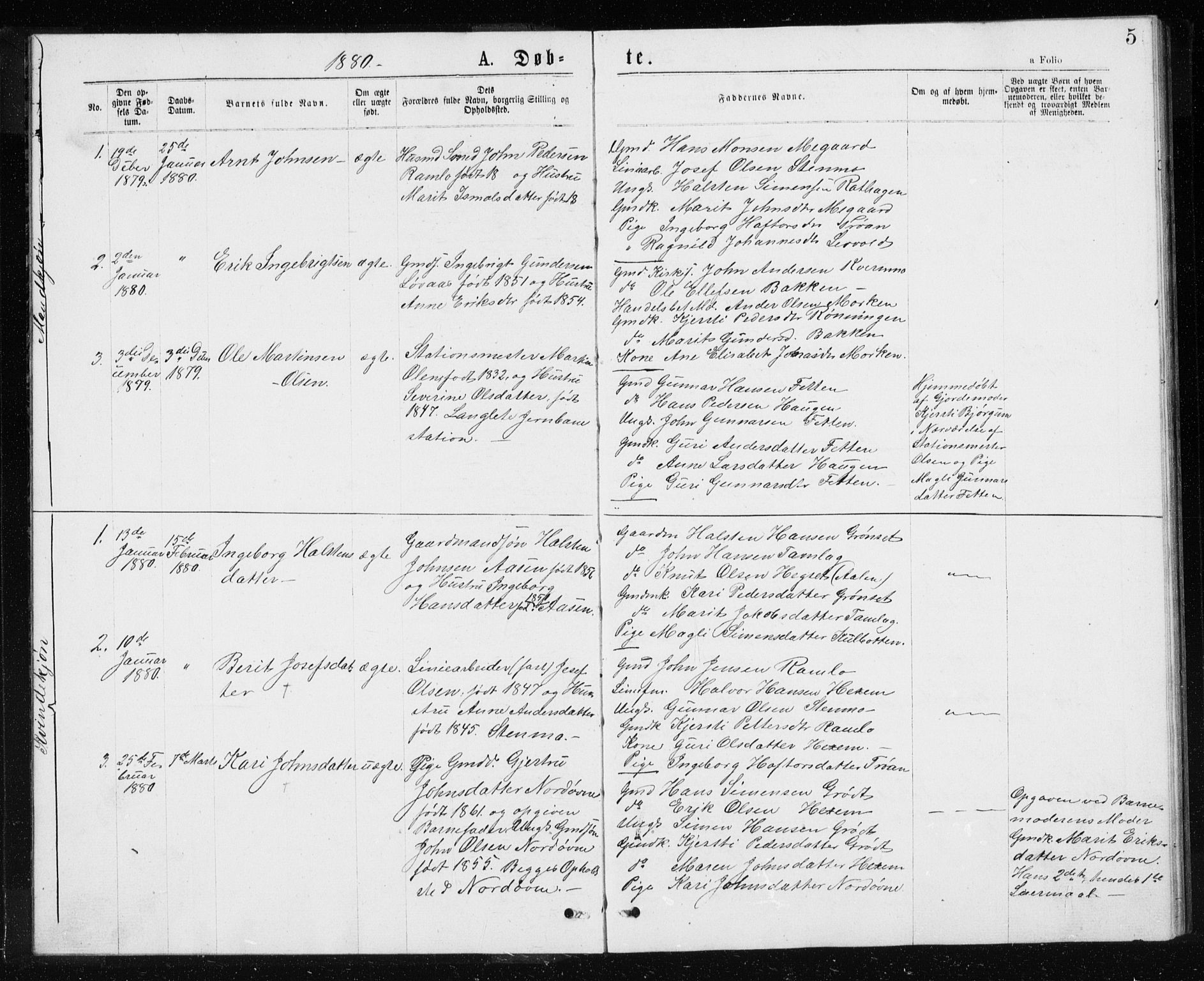 Ministerialprotokoller, klokkerbøker og fødselsregistre - Sør-Trøndelag, SAT/A-1456/685/L0977: Parish register (copy) no. 685C02, 1879-1890, p. 5