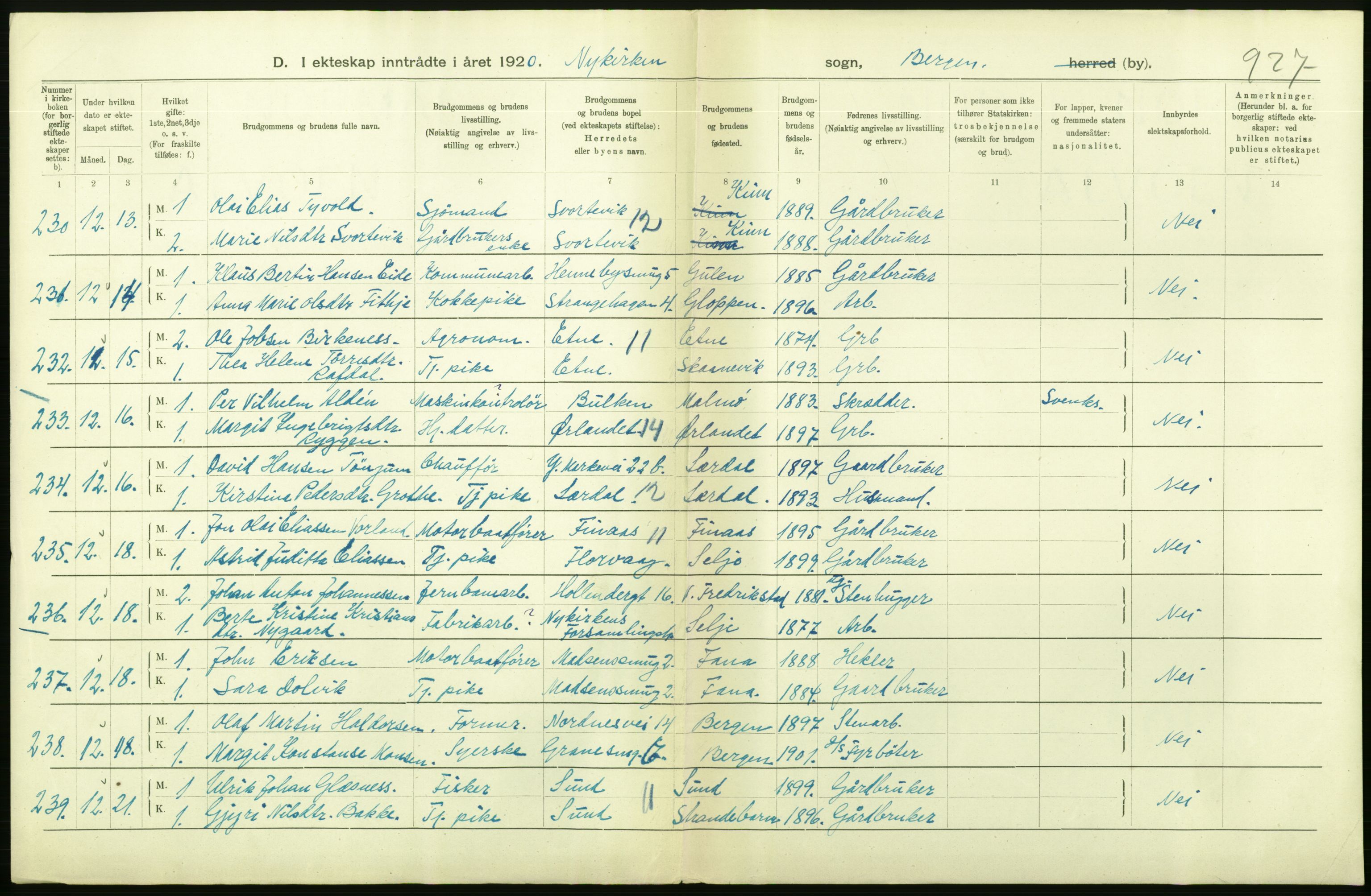 Statistisk sentralbyrå, Sosiodemografiske emner, Befolkning, AV/RA-S-2228/D/Df/Dfb/Dfbj/L0042: Bergen: Gifte, døde, dødfødte., 1920, p. 104