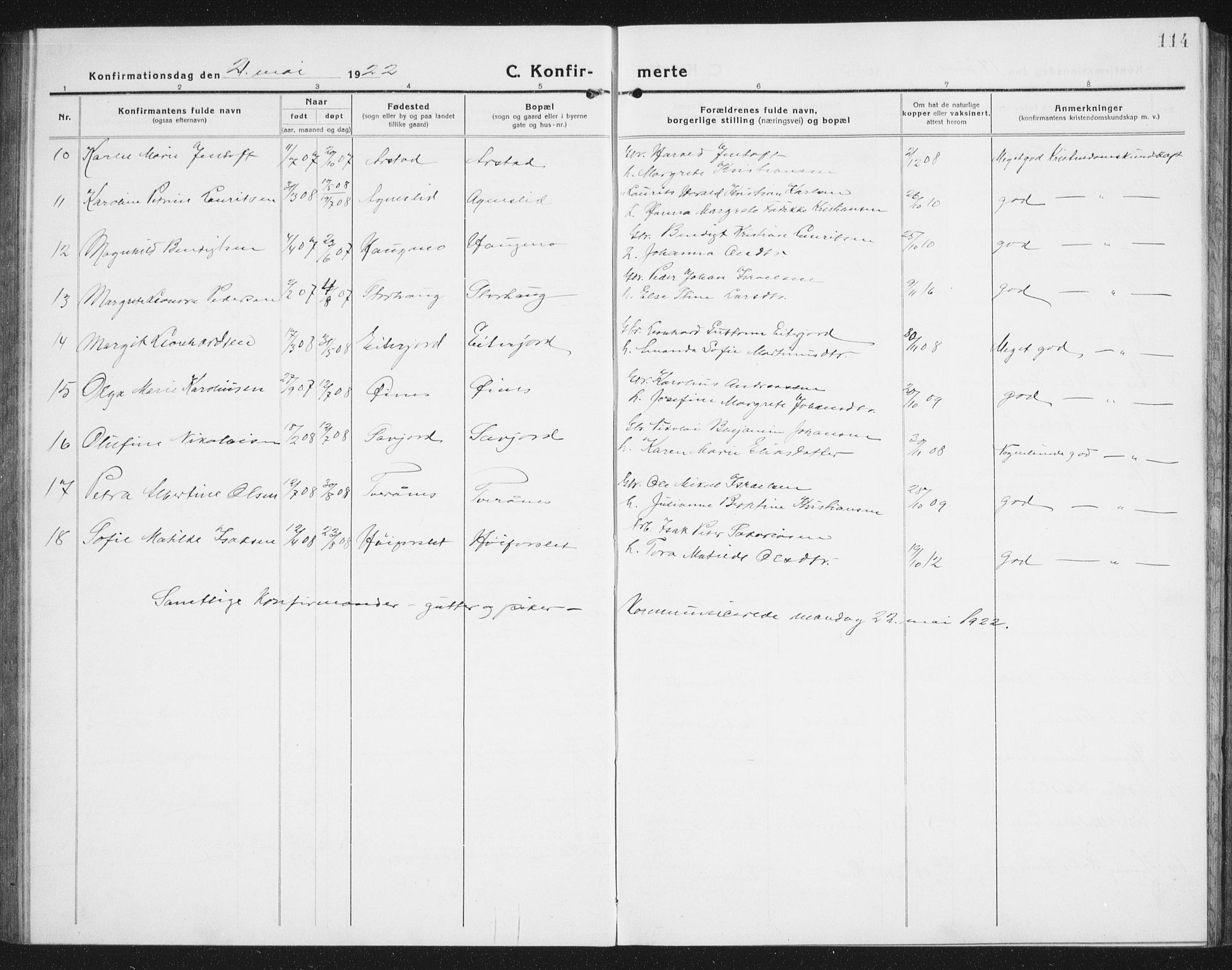 Ministerialprotokoller, klokkerbøker og fødselsregistre - Nordland, AV/SAT-A-1459/846/L0656: Parish register (copy) no. 846C06, 1917-1936, p. 114