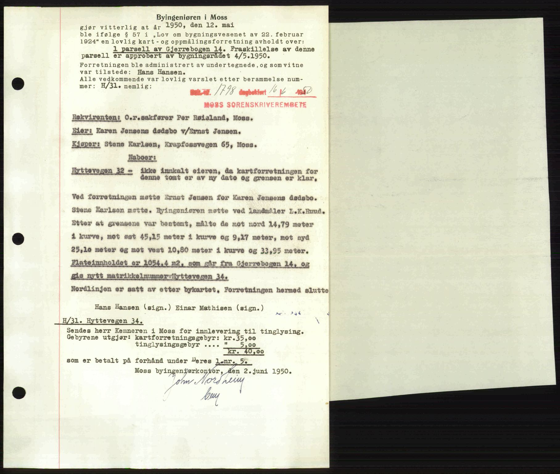 Moss sorenskriveri, AV/SAO-A-10168: Mortgage book no. A26, 1950-1950, Diary no: : 1798/1950