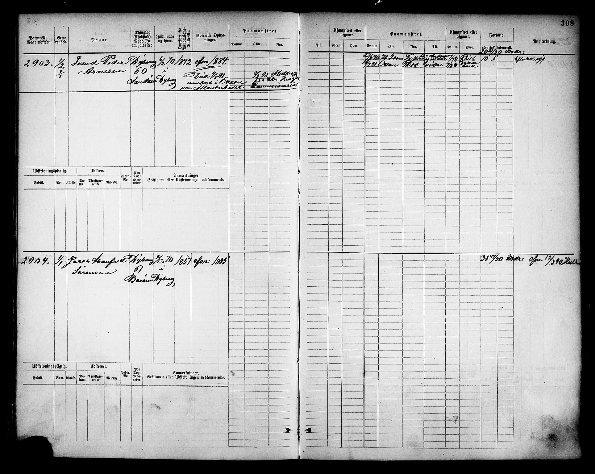 Tvedestrand mønstringskrets, SAK/2031-0011/F/Fb/L0018: Hovedrulle nr 2289-3056, U-34, 1882-1892, p. 320