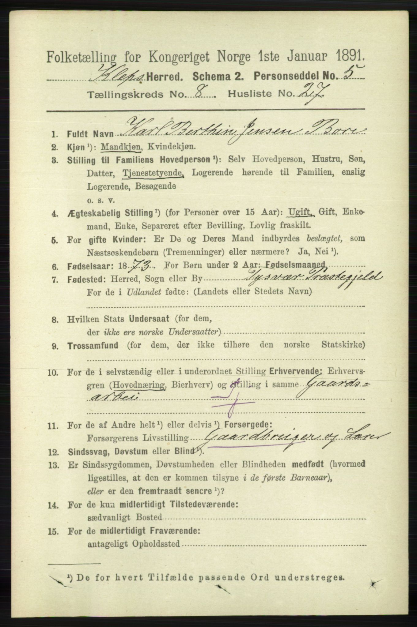 RA, 1891 census for 1120 Klepp, 1891, p. 2701