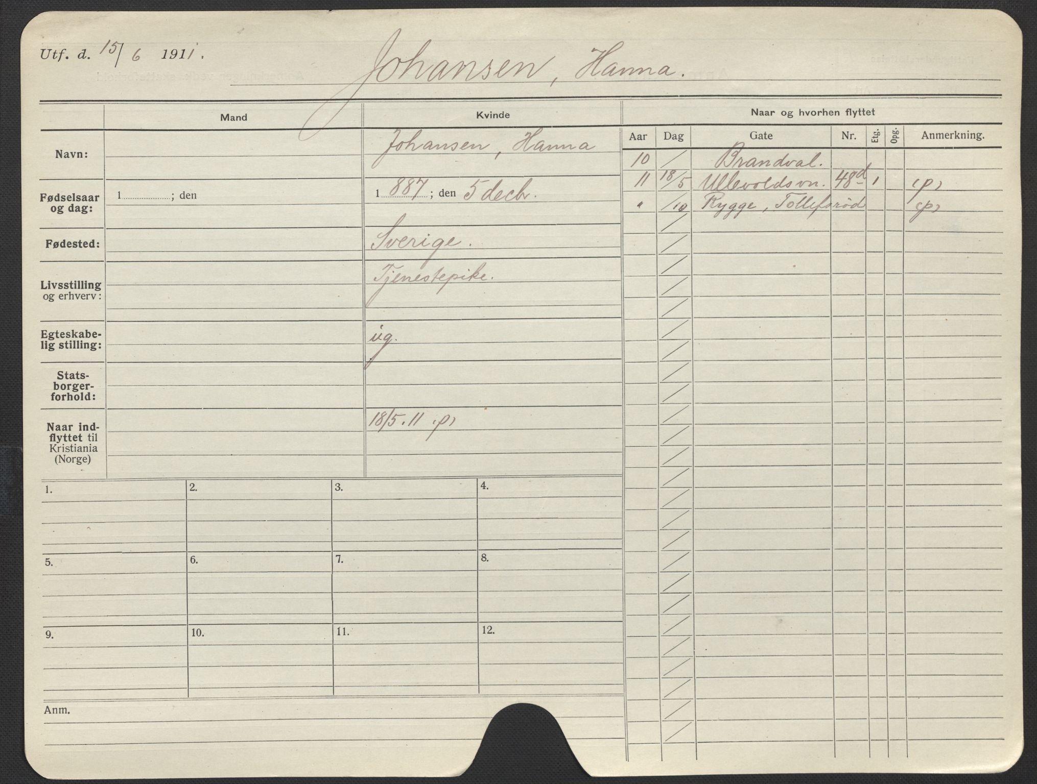 Oslo folkeregister, Registerkort, AV/SAO-A-11715/F/Fa/Fac/L0018: Kvinner, 1906-1914, p. 28a