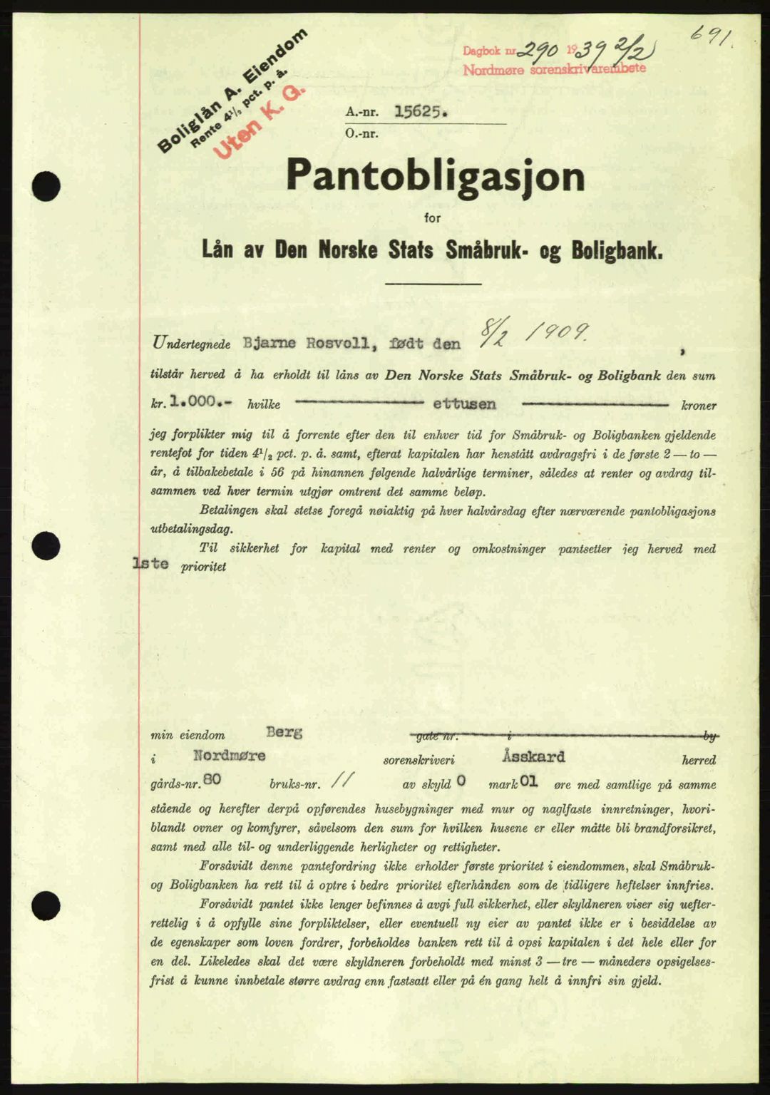 Nordmøre sorenskriveri, SAT/A-4132/1/2/2Ca: Mortgage book no. B84, 1938-1939, Diary no: : 290/1939