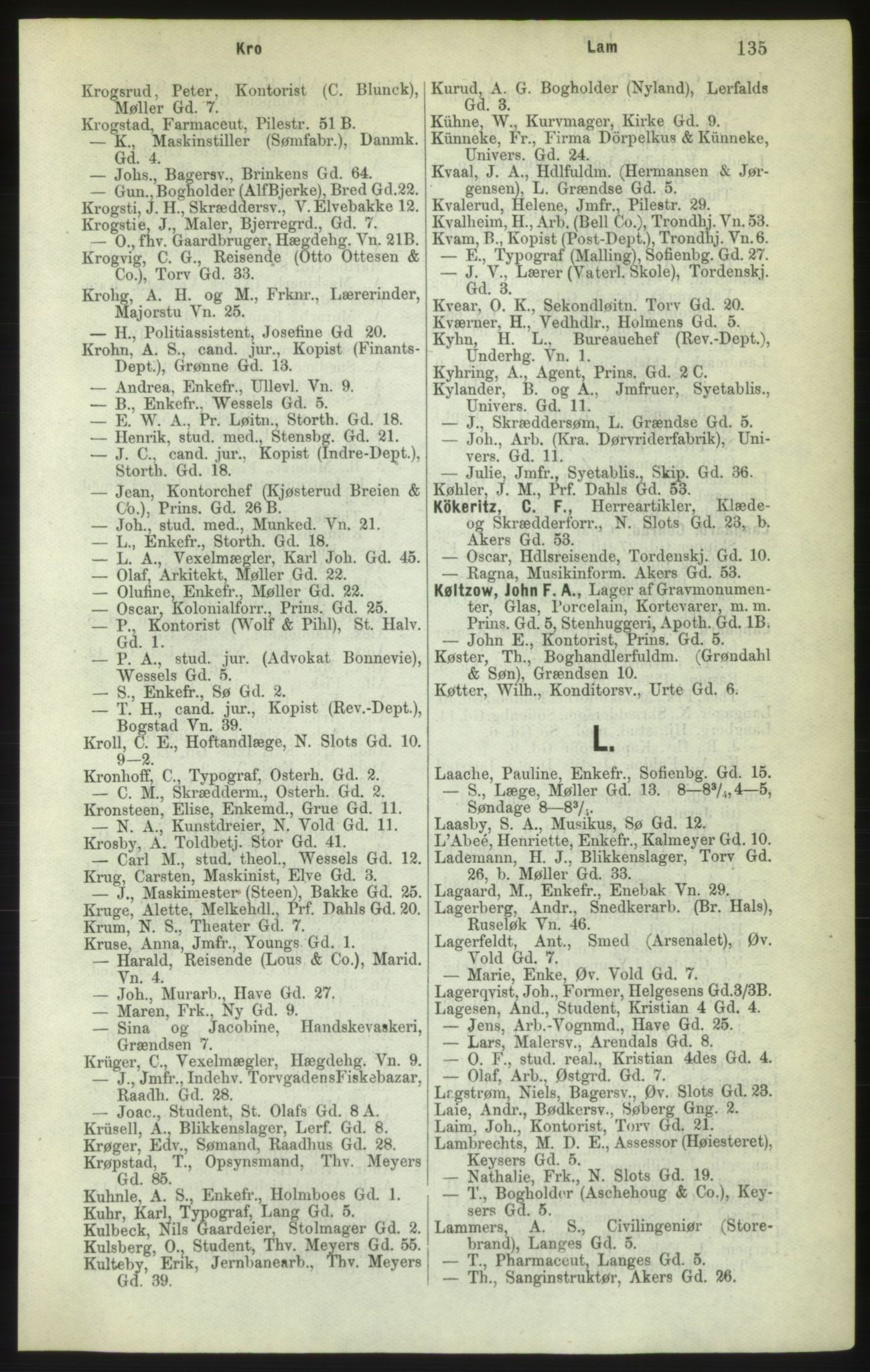 Kristiania/Oslo adressebok, PUBL/-, 1882, p. 135
