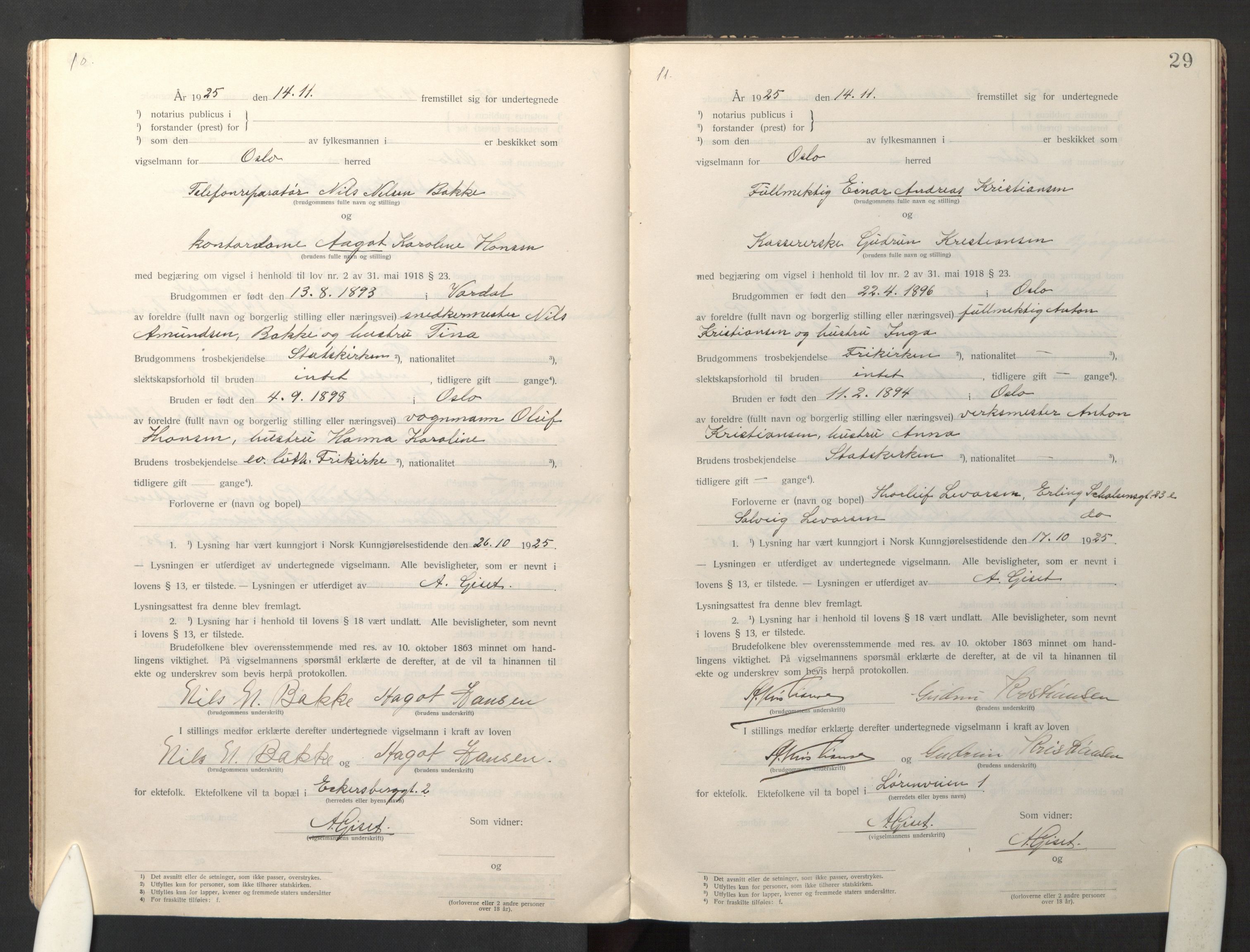 Den evangelisk-lutherske frikirke østre menighet, Oslo, AV/SAO-PAO-0245/F/L0005: Marriage register (dissenter) no. 5, 1920-1941, p. 29