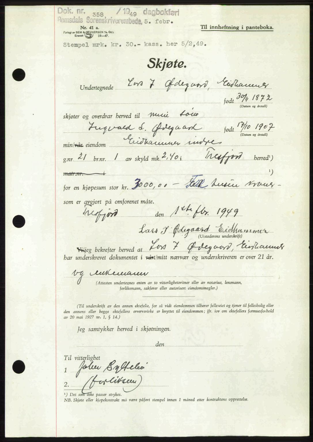 Romsdal sorenskriveri, AV/SAT-A-4149/1/2/2C: Mortgage book no. A28, 1948-1949, Diary no: : 358/1949