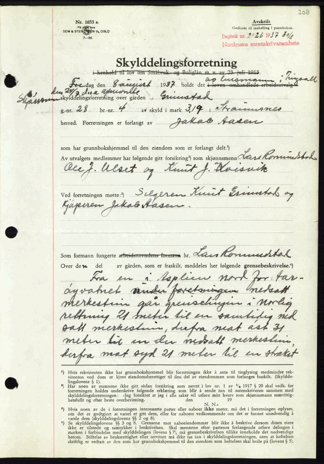 Nordmøre sorenskriveri, SAT/A-4132/1/2/2Ca: Mortgage book no. A82, 1937-1938, Diary no: : 2126/1937