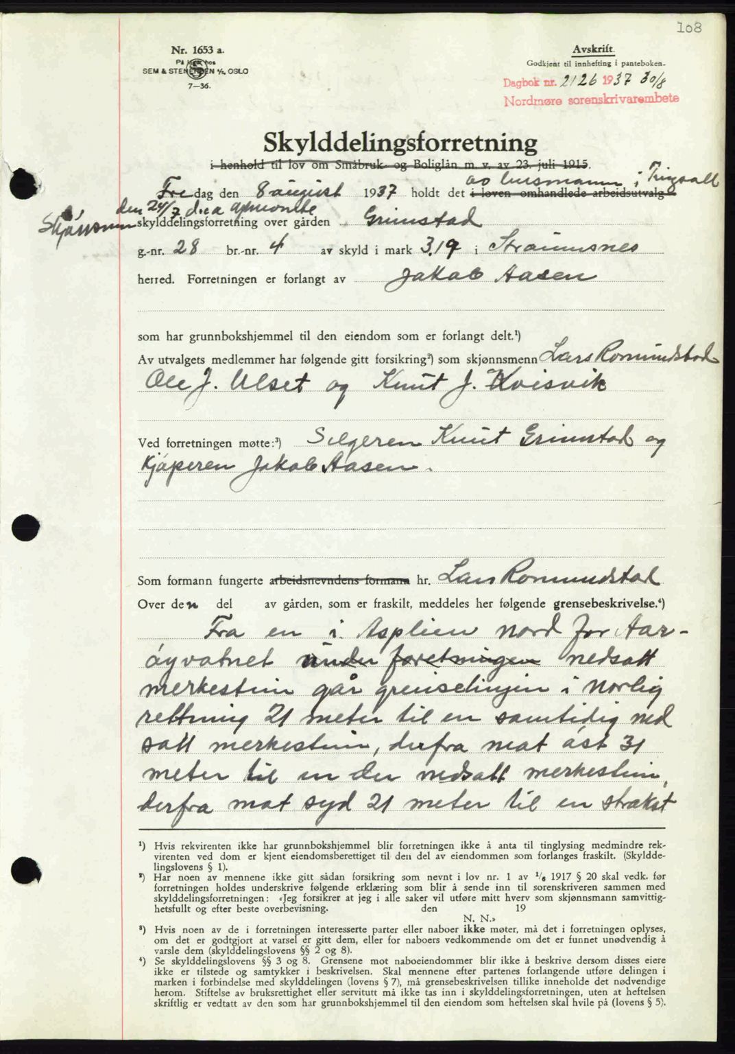 Nordmøre sorenskriveri, AV/SAT-A-4132/1/2/2Ca: Mortgage book no. A82, 1937-1938, Diary no: : 2126/1937
