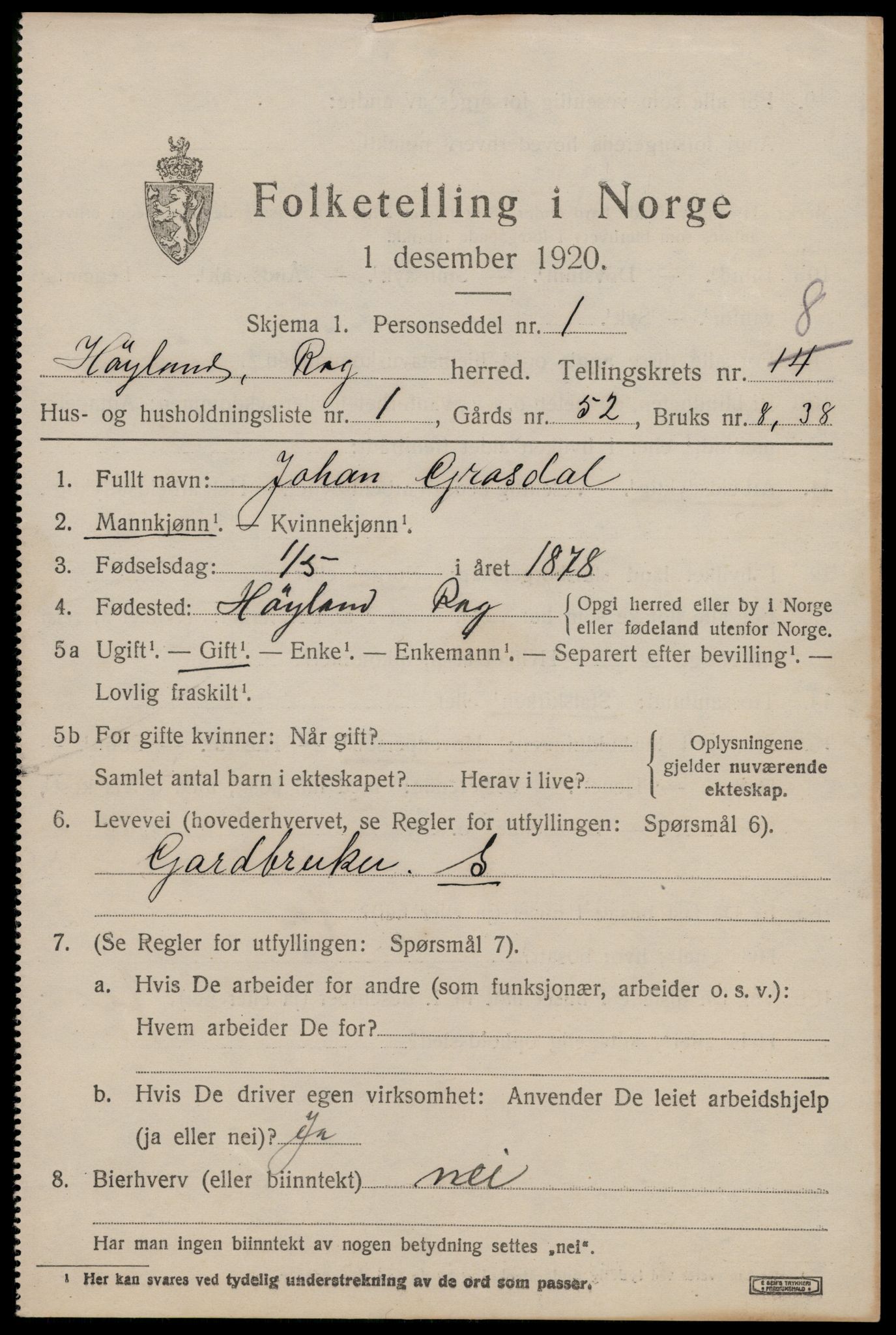 SAST, 1920 census for Høyland, 1920, p. 5272