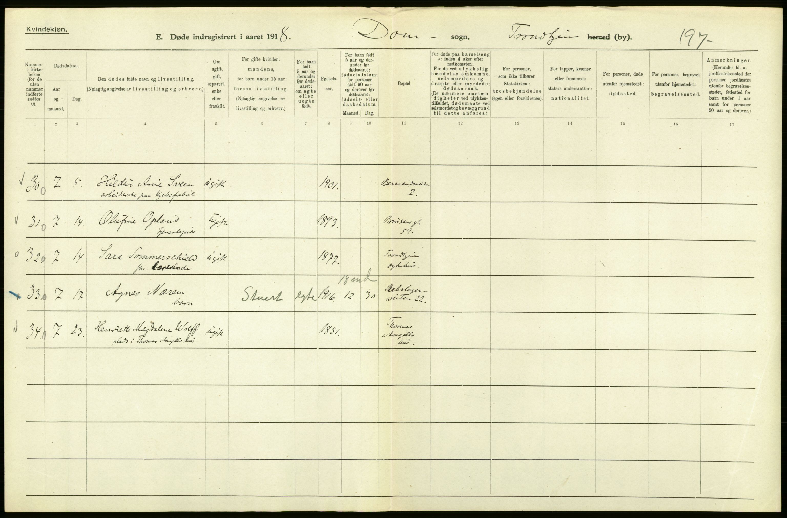 Statistisk sentralbyrå, Sosiodemografiske emner, Befolkning, AV/RA-S-2228/D/Df/Dfb/Dfbh/L0049: Trondheim: Døde, dødfødte., 1918, p. 168