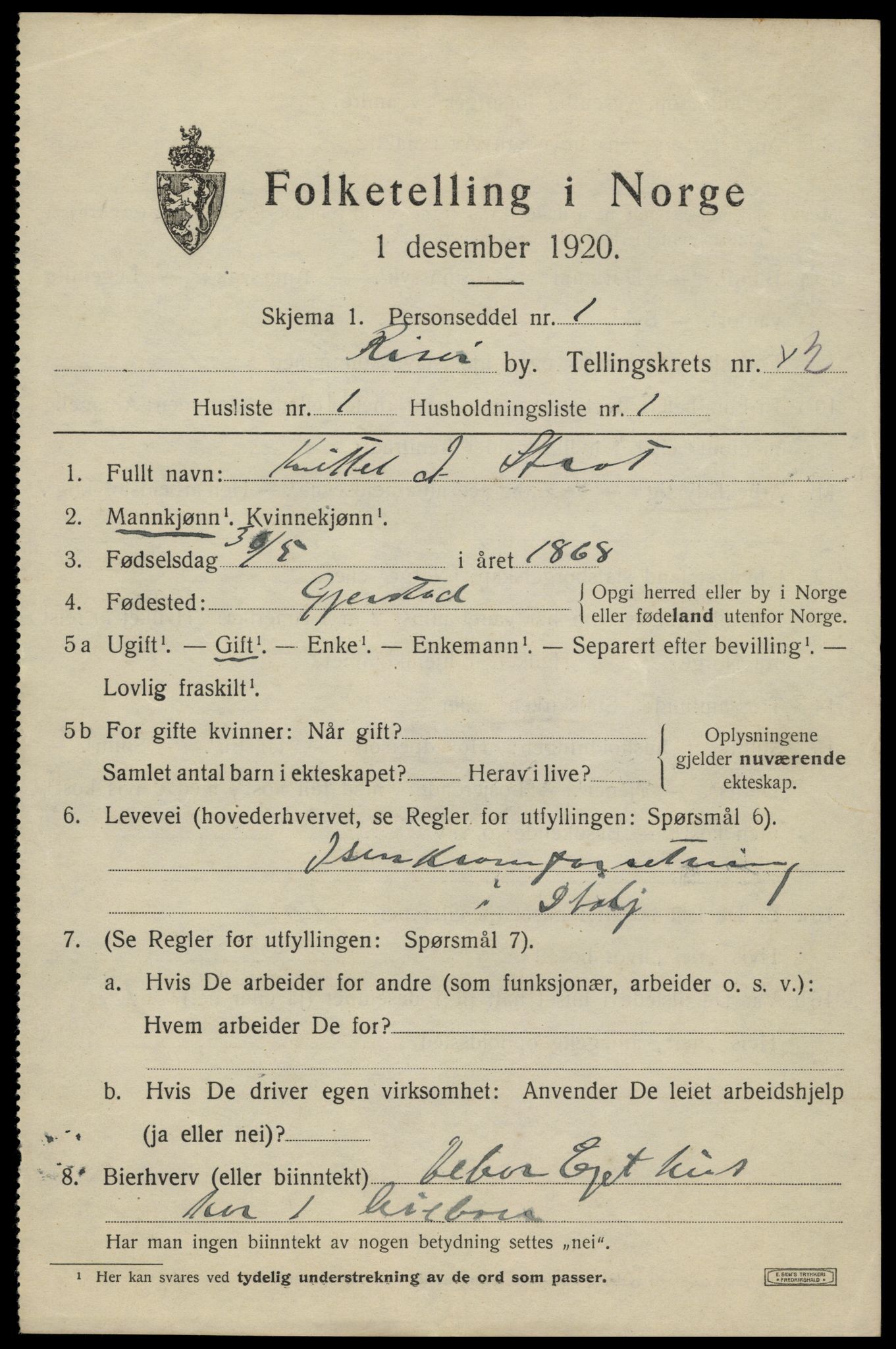 SAK, 1920 census for Risør, 1920, p. 5499